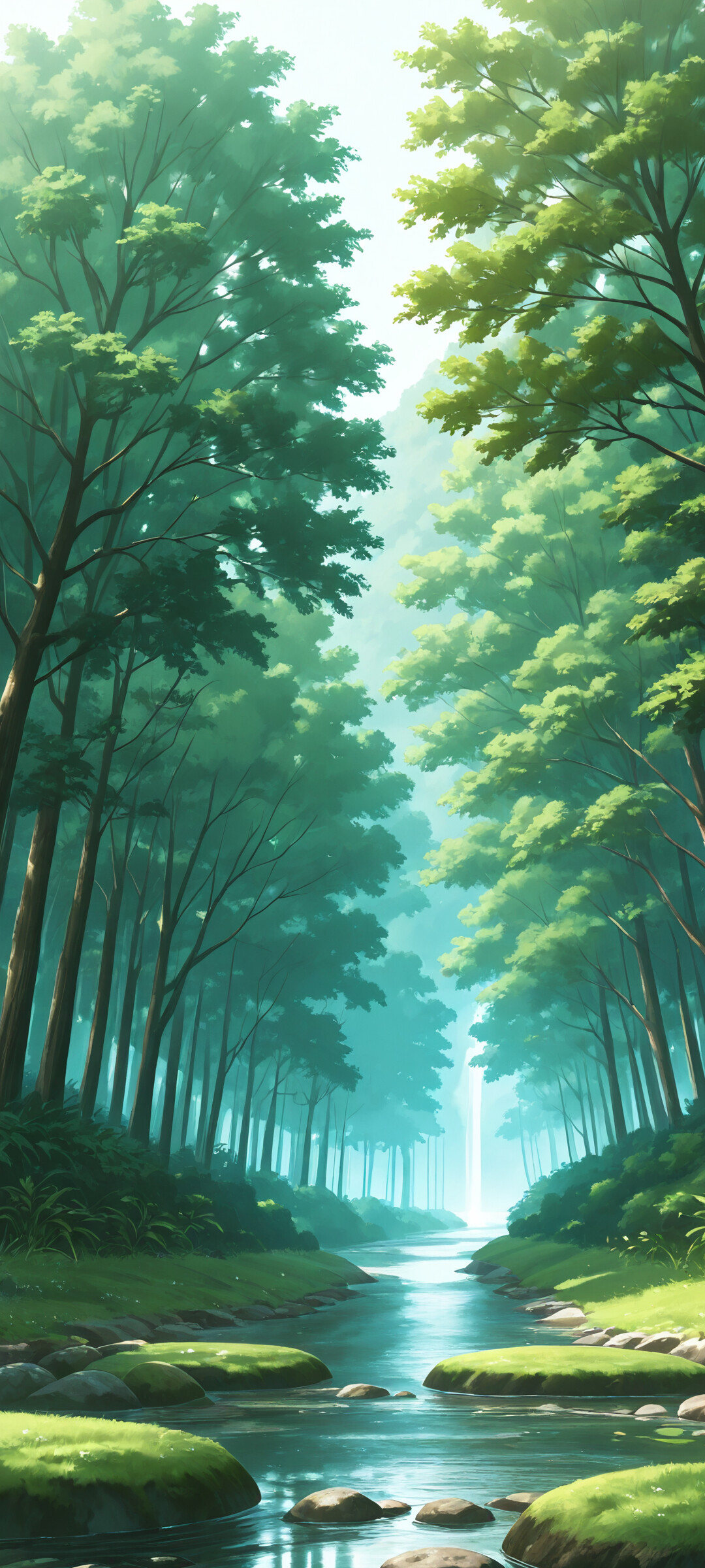 Un paisaje al estilo anime que representa un río tranquilo y cristalino que atraviesa un valle verde, con abundante vegetación, pinos y montañas onduladas bajo un cielo azul.