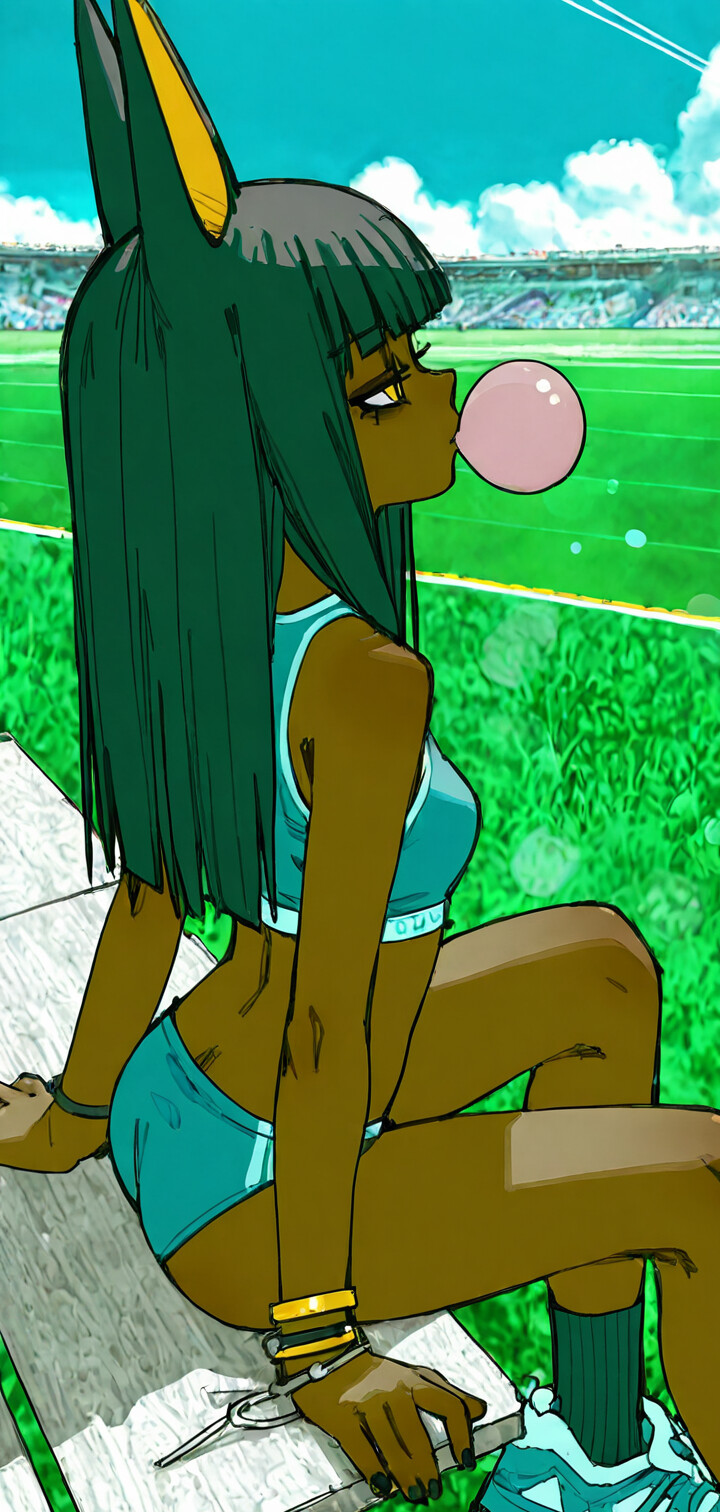 Una ilustración de Ankha, de Animal Crossing, representada como una joven humana de piel oscura, cabello negro y grandes orejas de chacal, vestida con un atuendo deportivo azul y soplando una burbuja de chicle en un estadio soleado.