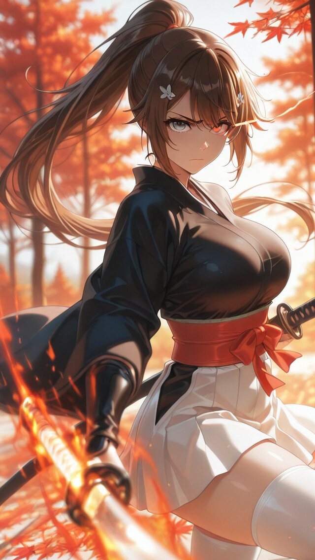 Una chica de anime, con el pelo largo y castaño recogido en una coleta y una expresión seria, lleva un kimono negro y una falda blanca, y sostiene una katana enfundada en una postura de combate en medio de un bosque otoñal resplandeciente.