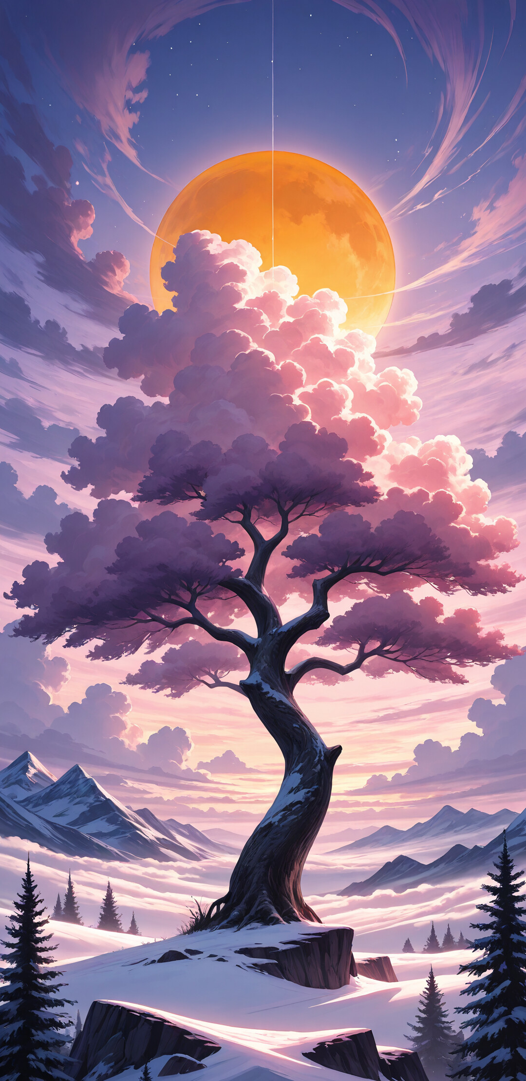 Un imponente pino se dibuja en silueta sobre un vibrante cielo al atardecer, de tonos púrpura y rosa, y se alza sobre un acantilado nevado con vistas a una cordillera. Encima, se puede ver una estrella brillante y estelas de luz celestial.