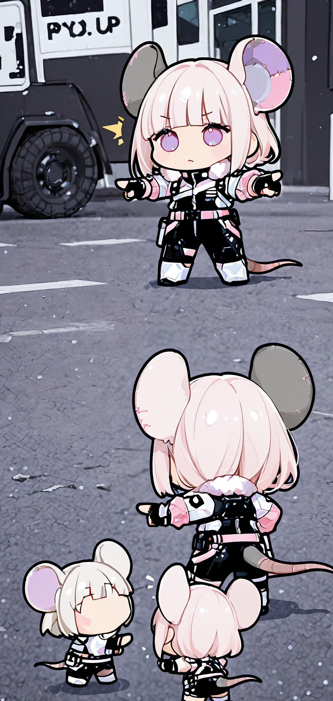 Tres chicas idénticas con el estilo chibi de los dibujos animados japoneses, con cabello blanco y grandes orejas de ratón, vestidas con trajes futuristas negros y rosas, están de pie en círculo en una calle nevada y se señalan mutuamente con sorpresa, haciendo referencia al meme de Spider-Man.