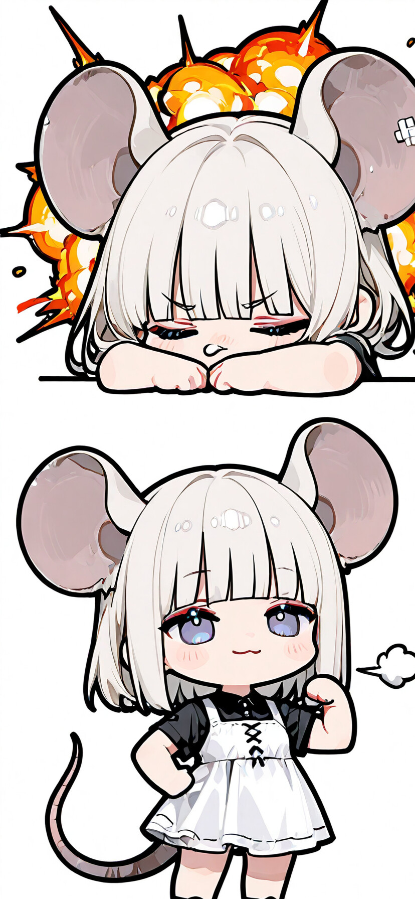 Una chica anime de estilo chibi, con grandes orejas de ratón y cabello plateado, identificada como Nazrin, del universo Touhou Project. Lleva un vestido negro y posa con confianza frente a una explosión ardiente.