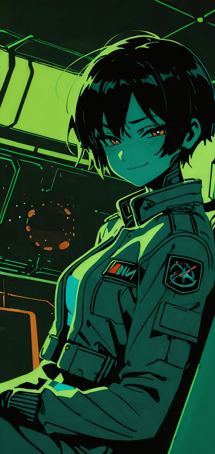 Una ilustración de estilo anime que representa a una mujer cyborg con el pelo corto y oscuro, que sonríe con sorna en una habitación futurista, oscura y con iluminación verde. Lleva una chaqueta de piloto con un parche brillante con el número «02» en la manga.