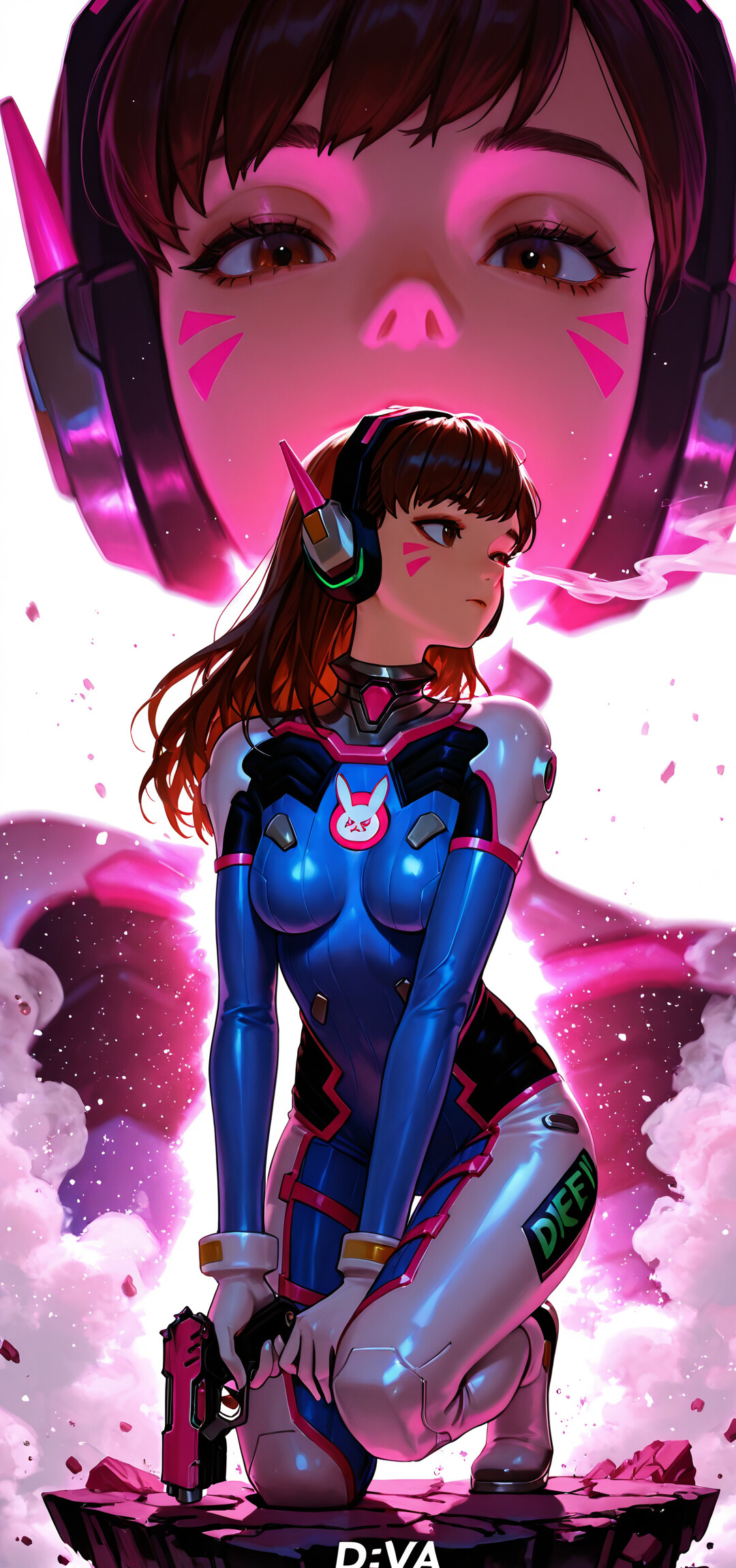 Una ilustración de cuerpo entero de D.Va, de Overwatch, en la que aparece agachada sobre un suelo a cuadros de color rosa y negro. Lleva puesto su traje de piloto, sostiene una pistola rosa y mira por encima del hombro. En el fondo, se puede ver un primer plano de su rostro, grande y con un ligero tono rosado.
