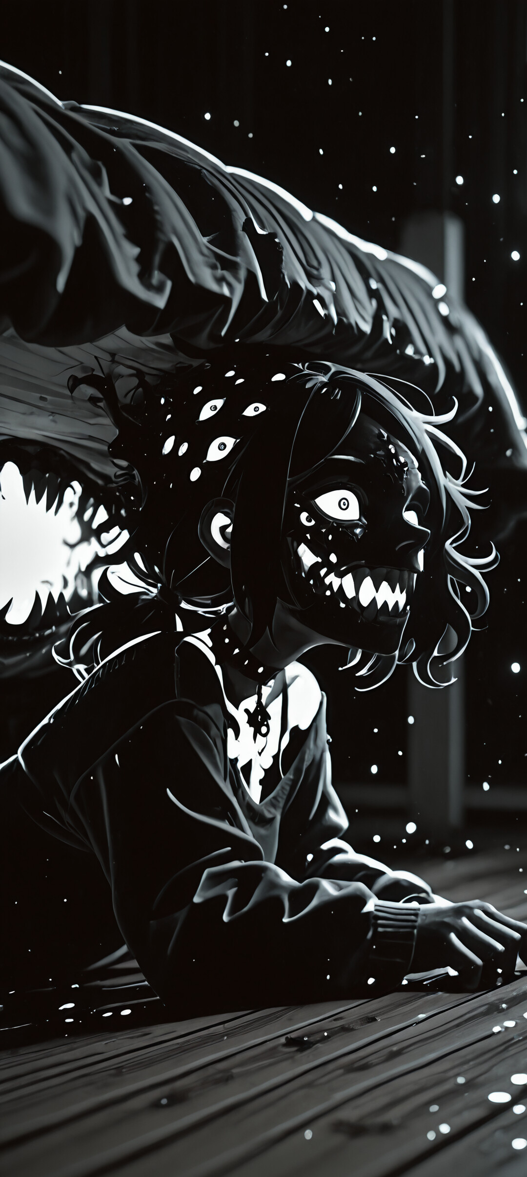 Una ilustración oscura y escalofriante de Ashley Graves, del libro «El ataúd de Andy y Leyley», transformada en un monstruo. Está tendida en un suelo de madera, debajo de una cama, y tiene muchos ojos rojos brillantes y una sonrisa con dientes afilados.