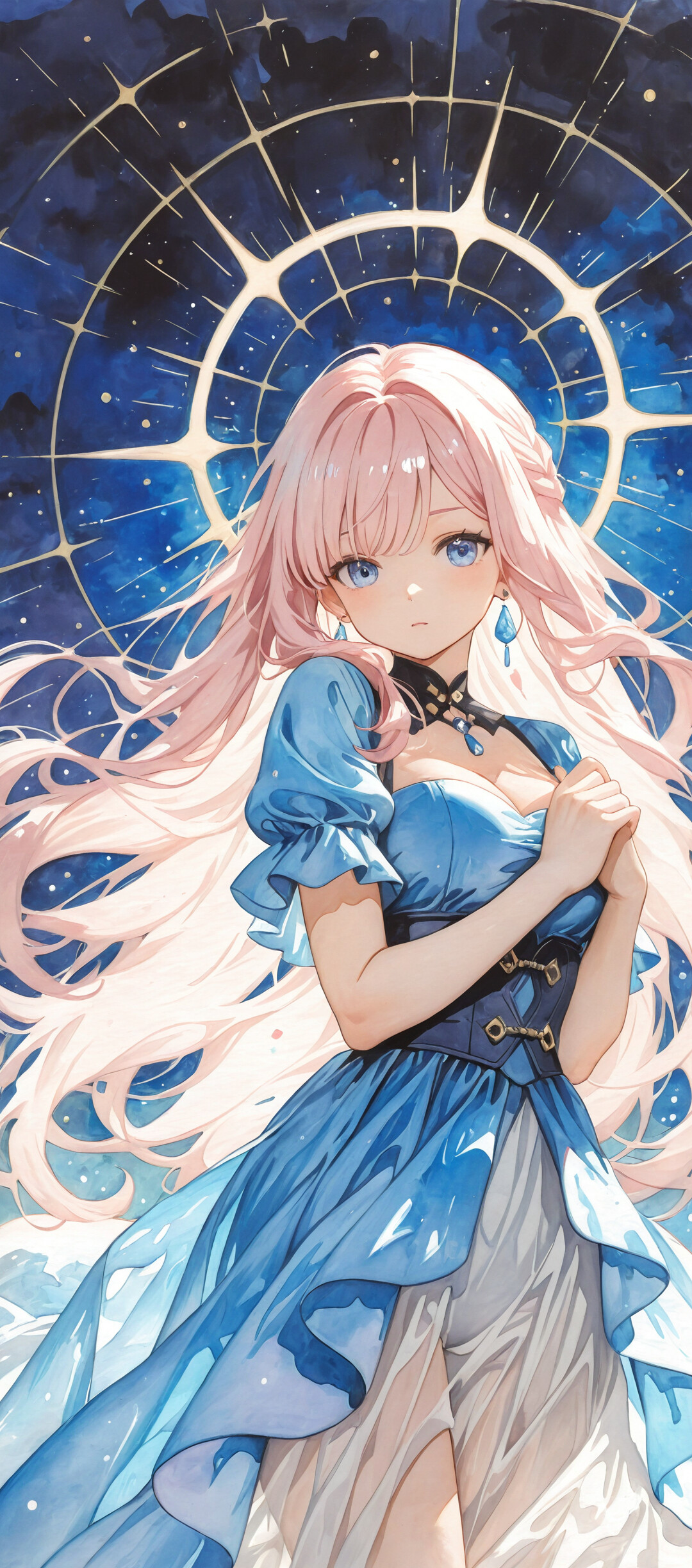 Una ilustración al estilo anime de Elysia, de Honkai Impact 3rd: una hermosa joven con el pelo largo y rosa y los ojos azules, que lleva un vestido largo de color azul claro sobre un fondo de cielo nocturno mágico y estrellado.
