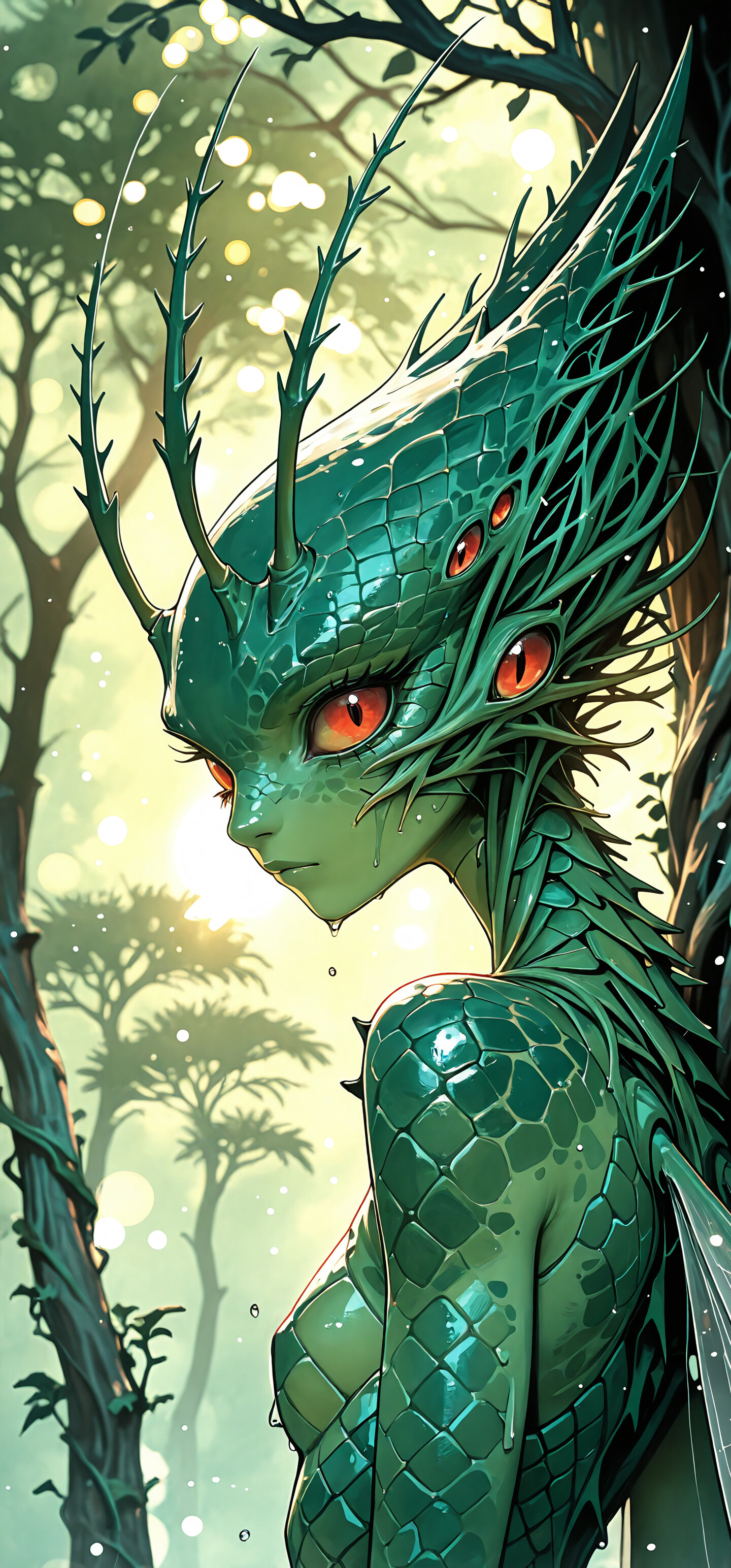 Una ilustración de estilo anime que representa a una criatura fantástica femenina en un bosque brumoso. Tiene la piel de color verde claro, grandes ojos rojos y una cresta de escamas de color verde oscuro. De su frente sobresalen unas antenas puntiagudas y tiene una expresión pensativa en el rostro.