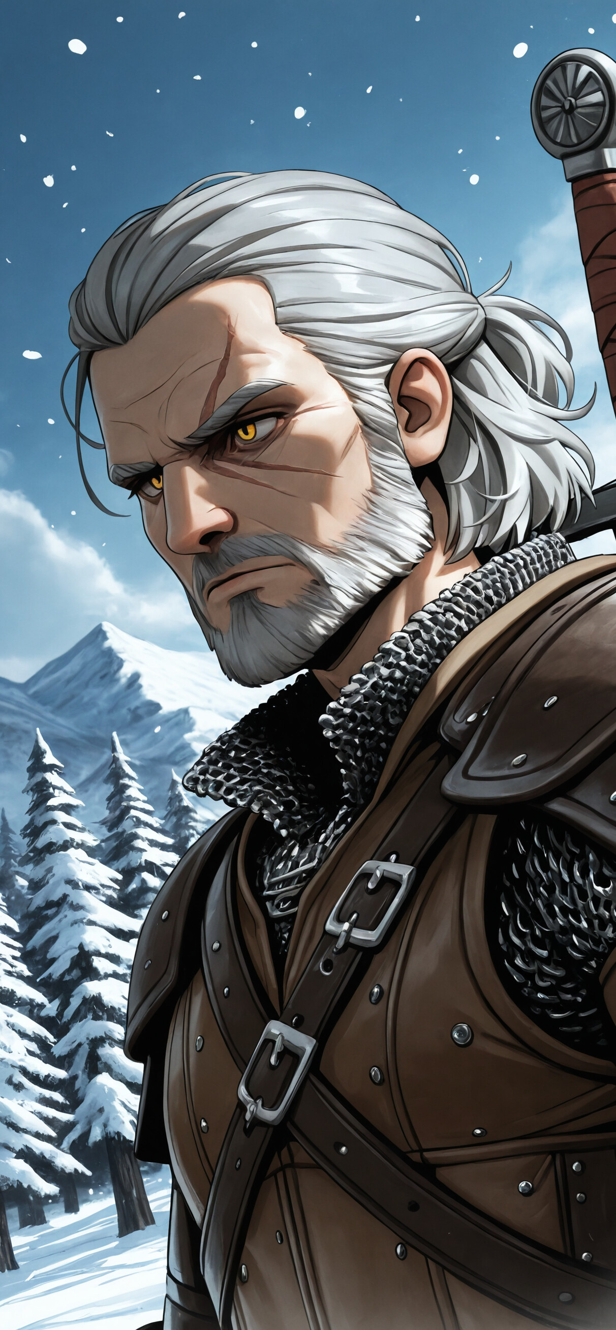 Una ilustración de Geralt de Rivia, personaje de la saga The Witcher, con el pelo blanco, barba y ojos amarillos, mirando hacia un lado. Se encuentra en un entorno nevado y montañoso, vestido con armadura de cuero y cota de malla, y lleva una espada a la espalda.