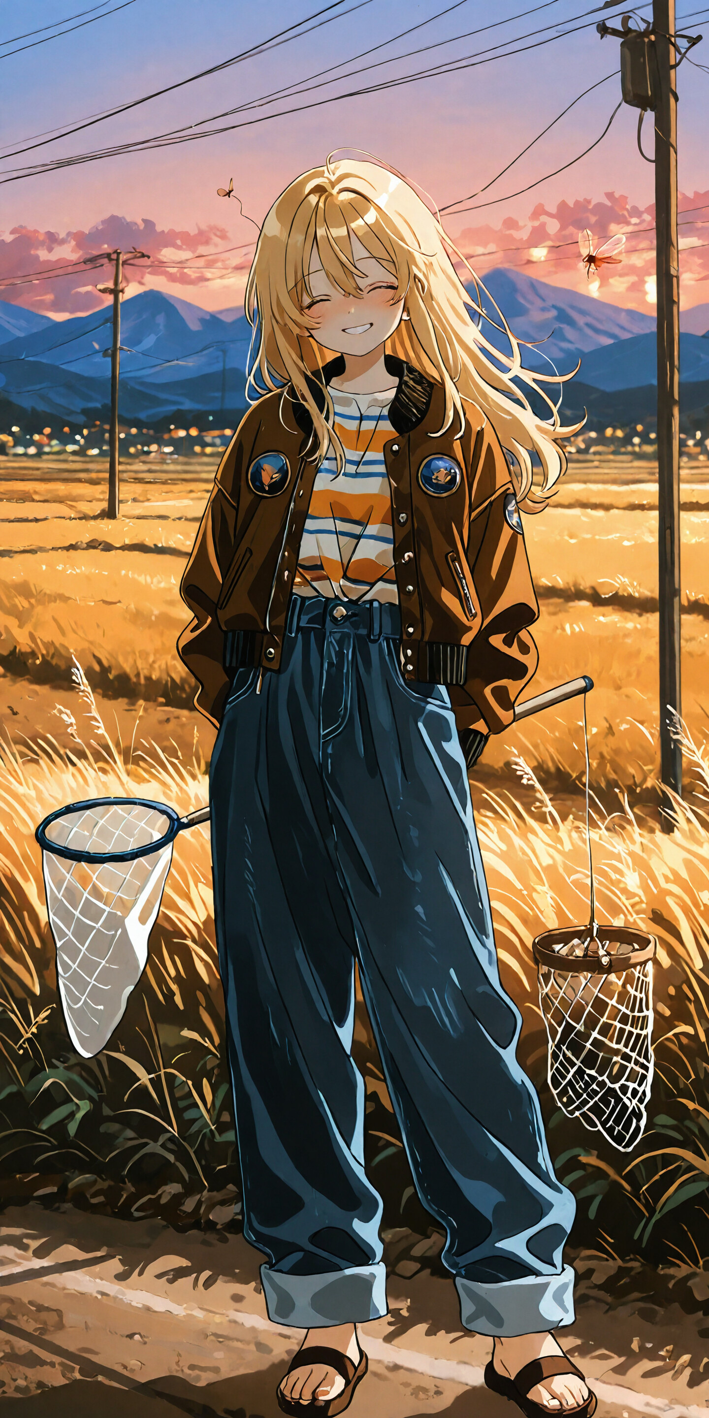 Una ilustración de estilo anime que representa a una niña rubia sonriente, vestida con una chaqueta marrón y unos vaqueros holgados, de pie en un sendero que atraviesa un campo de arroz dorado al atardecer, y que sostiene una red para mariposas.