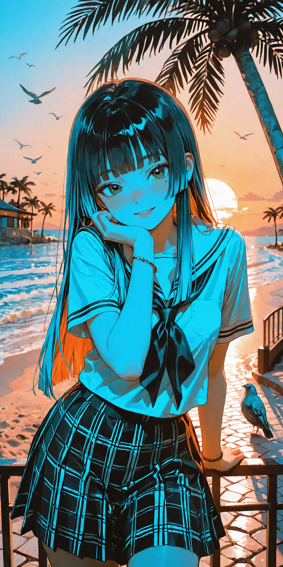 Una chica de estilo anime, con el pelo largo y azul y los ojos verdes, lleva puesto un uniforme escolar de marinera y está apoyada en una barandilla, sonriendo. El fondo muestra un hermoso paisaje de playa con un sol poniente, palmeras y pájaros volando en el cielo.