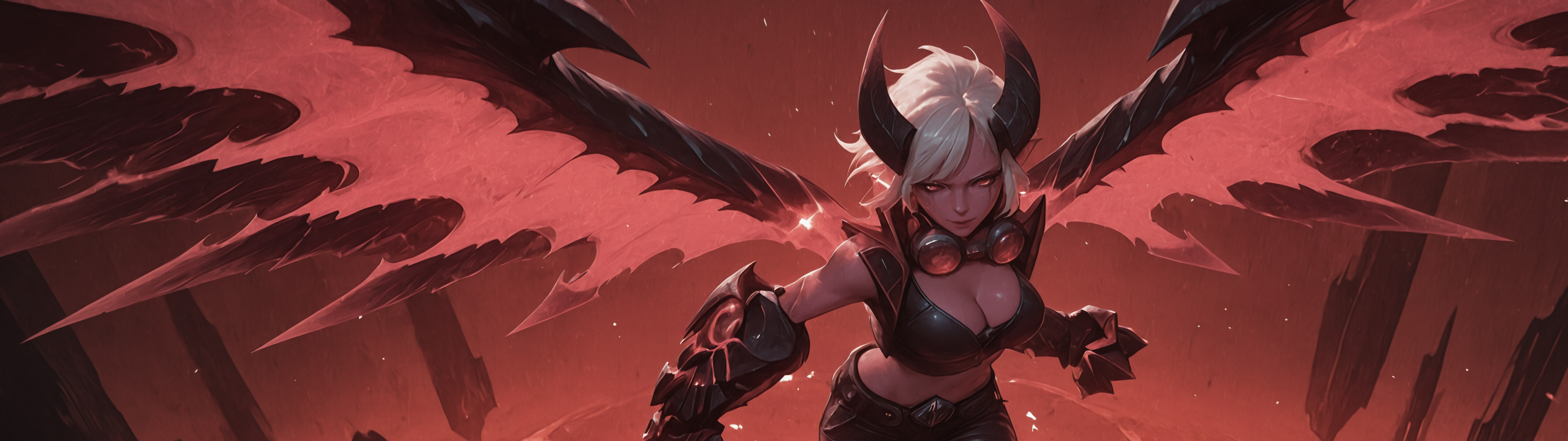 Una ilustración digital de Demon Vi, de League of Legends: una poderosa demonio con cabello blanco, piel rosada, grandes cuernos y alas rojas brillantes, que se lanza hacia adelante con un enorme guante en un paisaje llameante.