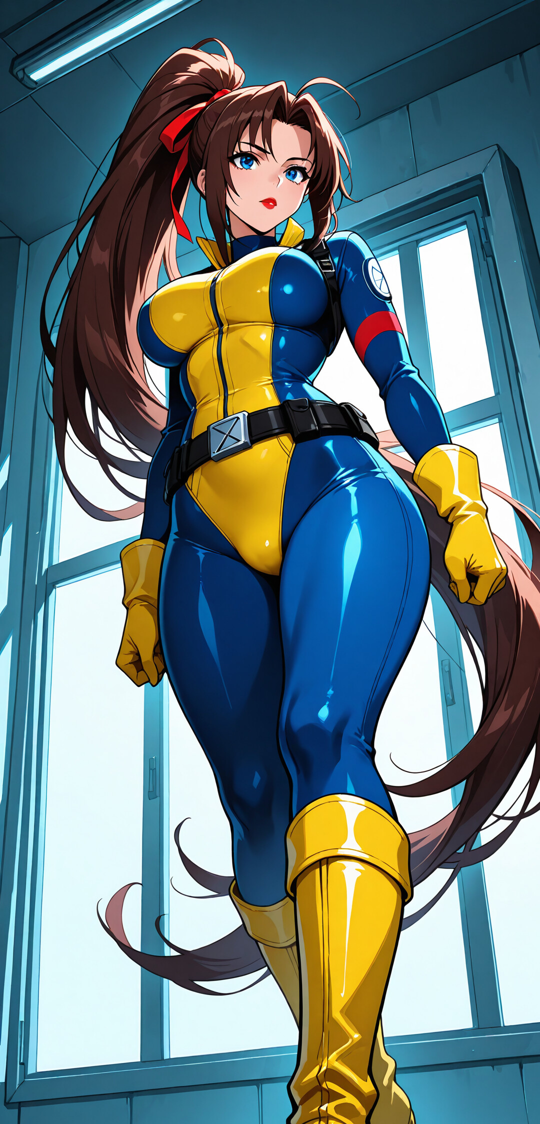 Una toma desde un ángulo bajo de Jean Grey, de los X-Men, con su clásico traje de entrenamiento azul y amarillo, posando con seguridad y con su largo cabello castaño recogido en una coleta.