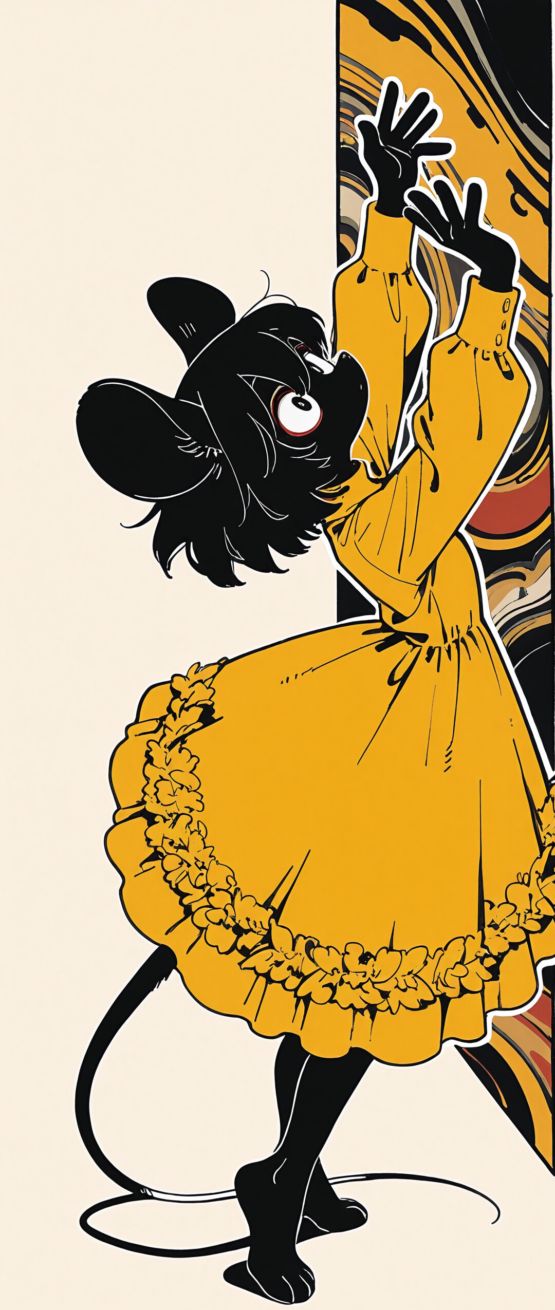 Una ilustración digital que representa a una niña ratón de caricatura, de color negro, vestida con un vestido amarillo y vaporoso, bailando sobre un fondo amarillo y crema con motivos arremolinados.
