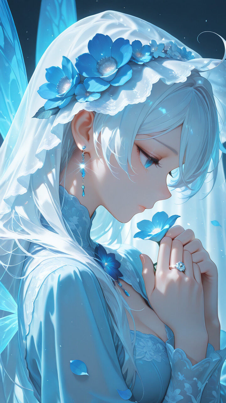Una ilustración de estilo anime de Kiana Kaslana, una joven con el pelo largo y blanco y ojos azules. Lleva un velo blanco adornado con flores azules, un pendiente colgante y tiene unas alas de hada azules. Sus manos están unidas, como si estuviera pensando, cerca de su rostro.