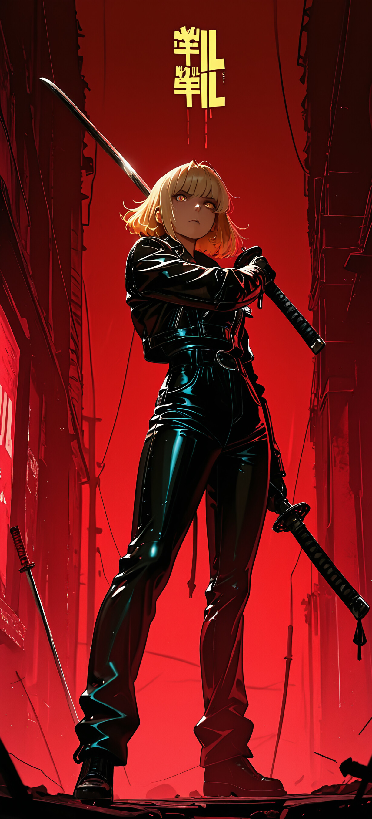 Una ilustración de cuerpo entero de una mujer rubia de estilo anime, vestida con un atuendo de cuero negro y sosteniendo una katana. Está de pie en una toma con un ángulo bajo, sobre un fondo rojo intenso, y en la parte superior aparece el texto «KIL BL».