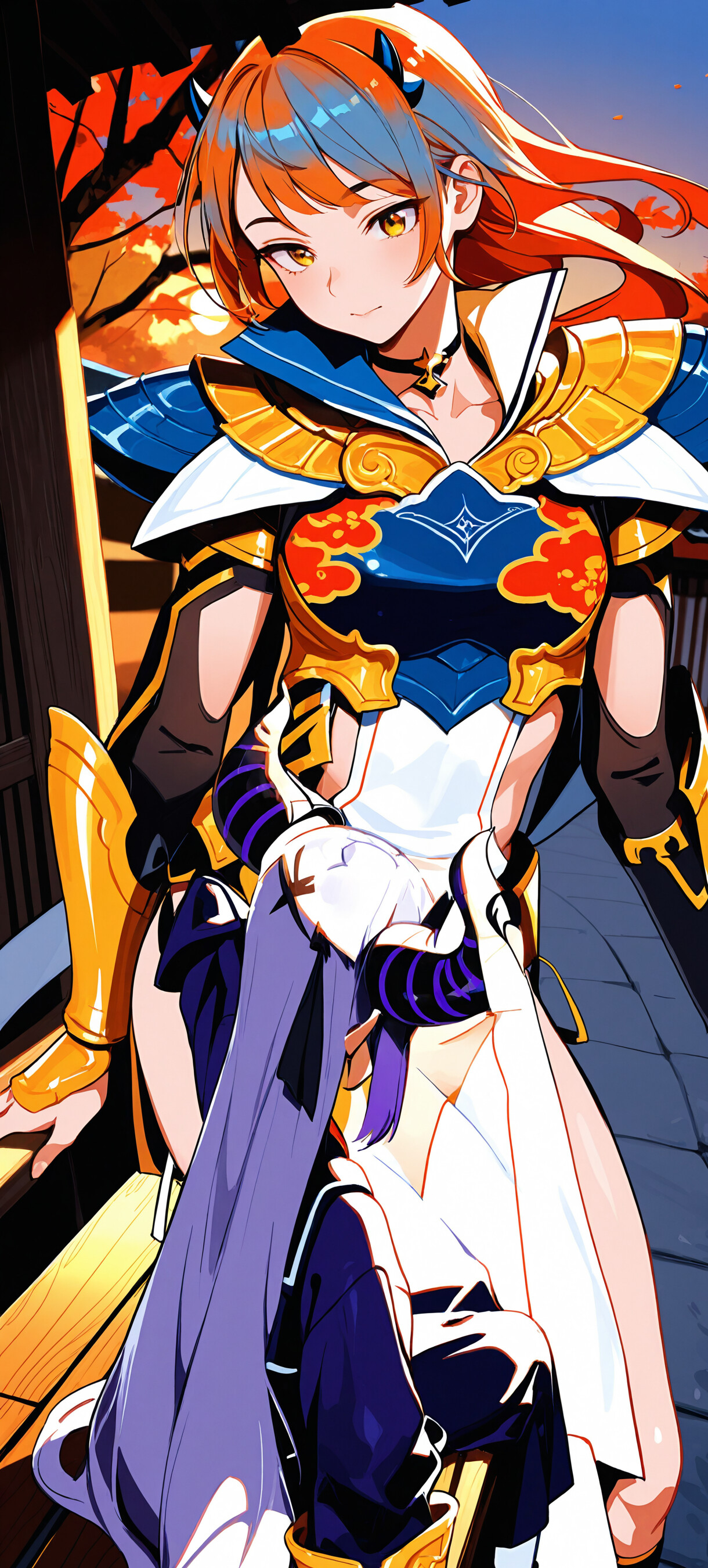 Una ilustración al estilo anime de La+ Darknesss, de Hololive, una chica con cabello morado y grandes cuernos, sentada en un porche de madera en un entorno tradicional japonés al atardecer, sosteniendo un palito de dango.