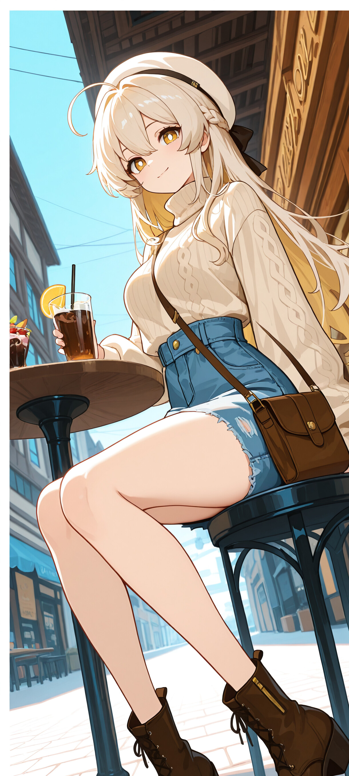 Lumine, de Genshin Impact, una hermosa chica de estilo anime con el pelo largo y rubio, sentada en un banco de la ciudad, vestida de forma informal con un suéter y unos pantalones cortos de mezclilla, sonríe mientras sostiene un café helado.