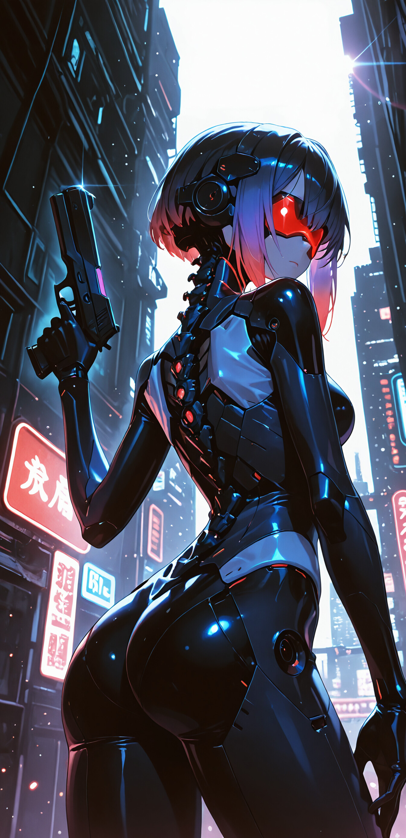 Una ilustración al estilo anime de Motoko Kusanagi, el cyborg de la serie Ghost in the Shell. Tiene el pelo corto de color púrpura, una visera roja y lleva un traje cibernético negro con una columna vertebral mecánica expuesta. Sostiene una pistola y mira por encima del hombro en una ciudad futurista de noche, llena de letreros de neón.