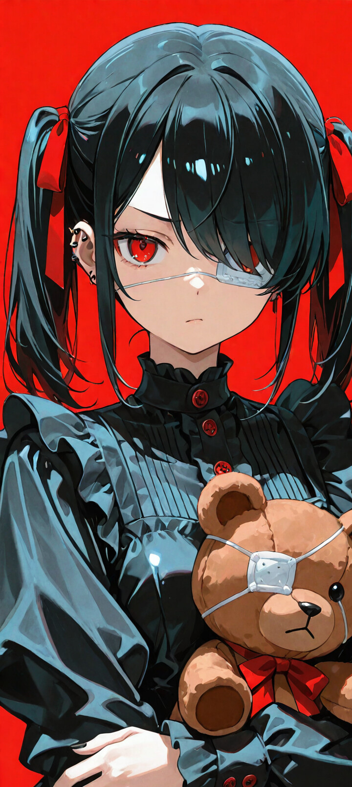 Una chica de anime con dos coletas negras, ojos rojos y un parche en el ojo, identificada como Mei Misaki de la serie «Another», sostiene un oso de peluche que también tiene un parche en el ojo, todo ello sobre un fondo rojo.