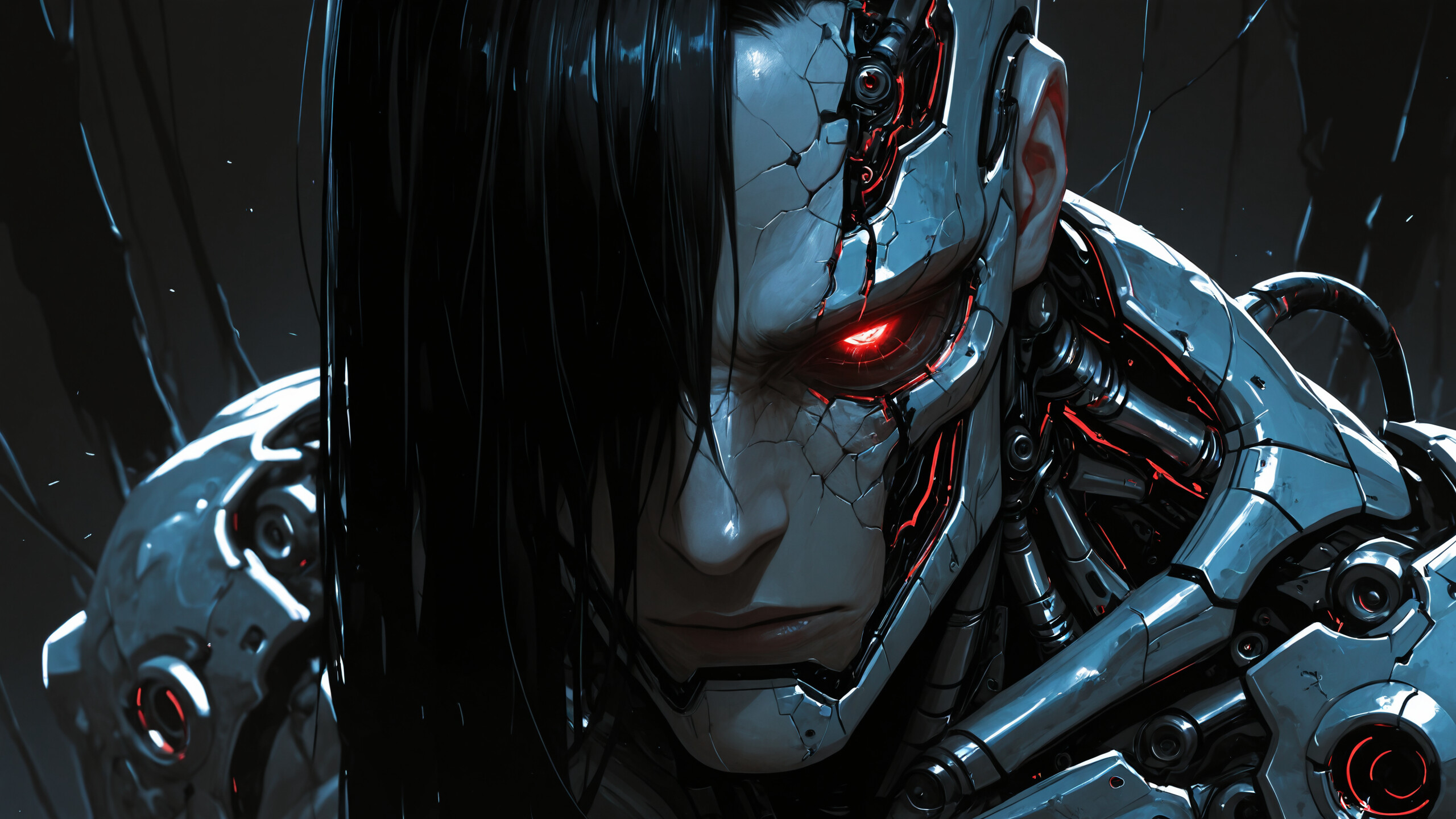 Retrato de frente de un esqueleto robótico blanco, con ojos rojos brillantes y un cráneo dañado que revela sus mecanismos internos negros, sobre un fondo oscuro.