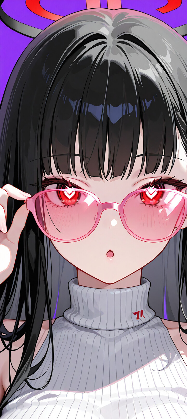 Una chica de anime con el pelo largo y negro, identificada como Rio Tsukatsuki, de Blue Archive, que lleva un jersey blanco de cuello alto sin mangas y se está colocando unas gafas rosas con forma de corazón. Tiene los ojos rojos, con pupilas en forma de corazón, y una expresión de sorpresa sobre un fondo púrpura.