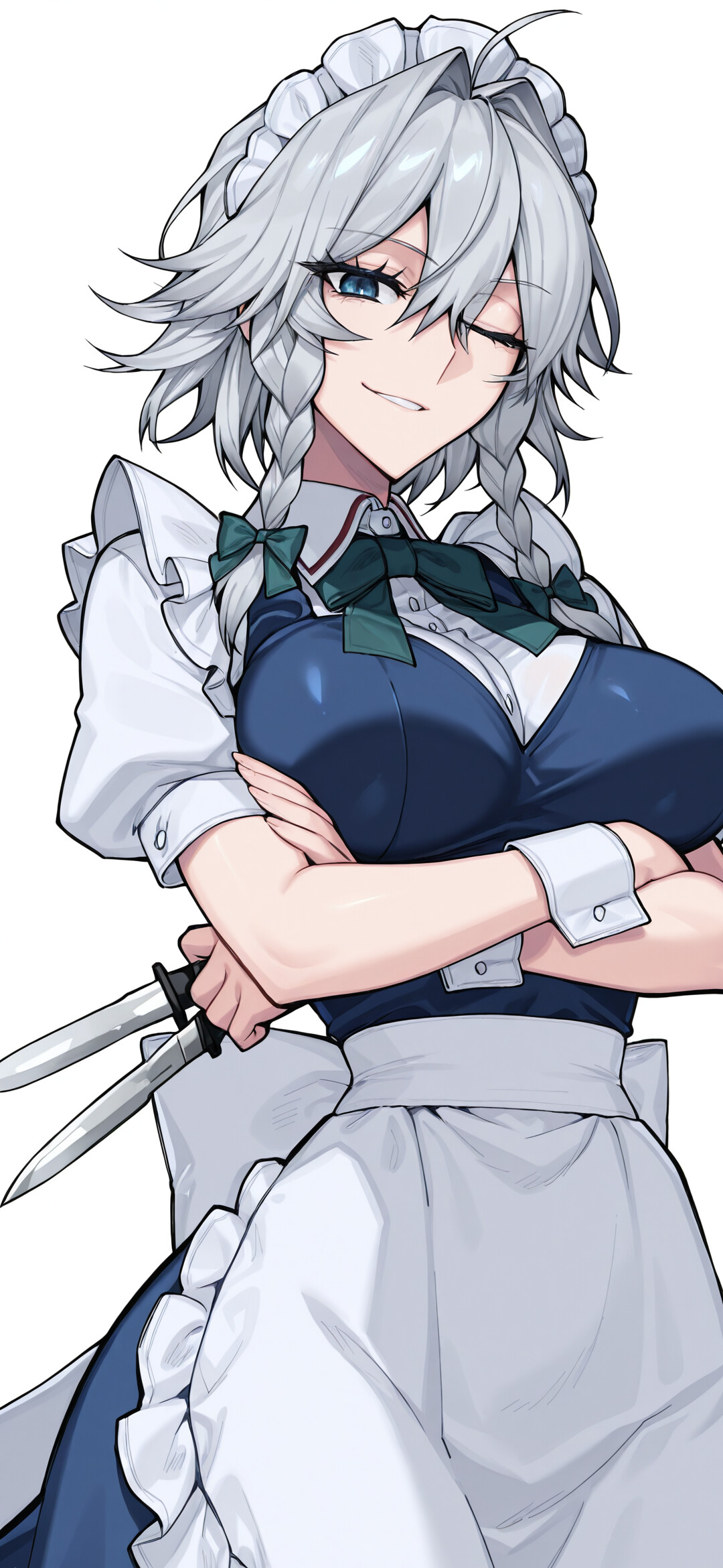 Sakuya Izayoi, del universo Touhou Project, una criada con el cabello plateado recogido en trenzas, guiñando un ojo y sonriendo con sorna mientras tiene los brazos cruzados y sostiene un cuchillo frente a un fondo oscuro.