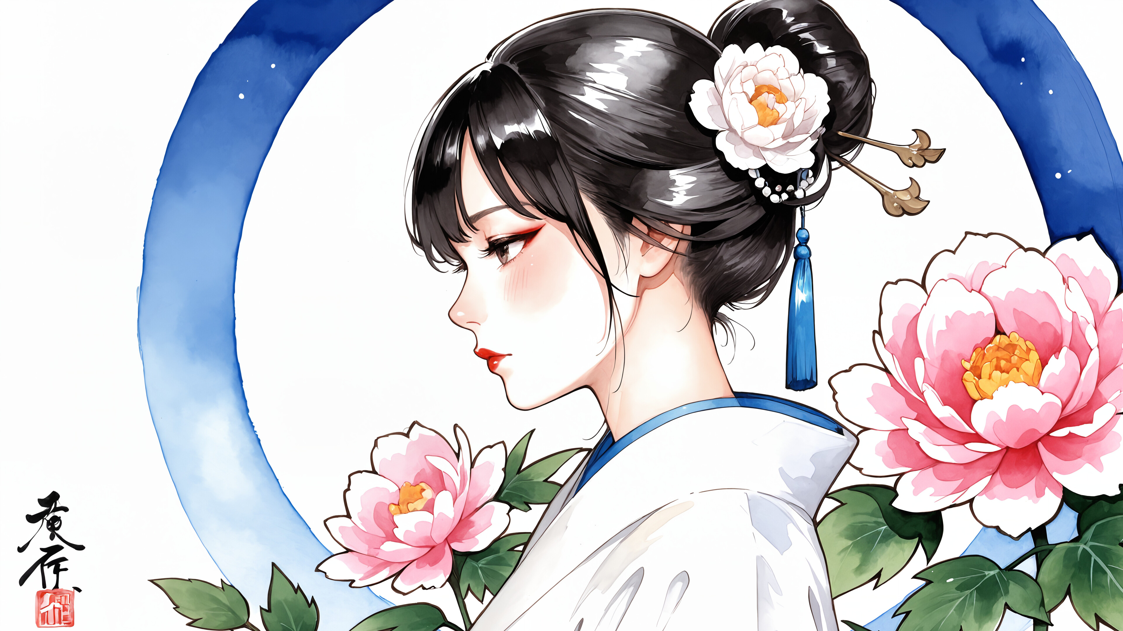 Un retrato de perfil, realizado en estilo anime con acuarelas, que representa a una mujer de Asia oriental con el cabello negro recogido en un moño, adornado con una flor de peonía blanca y un pequeño adorno con borlas rojas. Lleva un kimono tradicional azul y blanco y aparece sobre un fondo que muestra una luna llena y más flores de peonía.