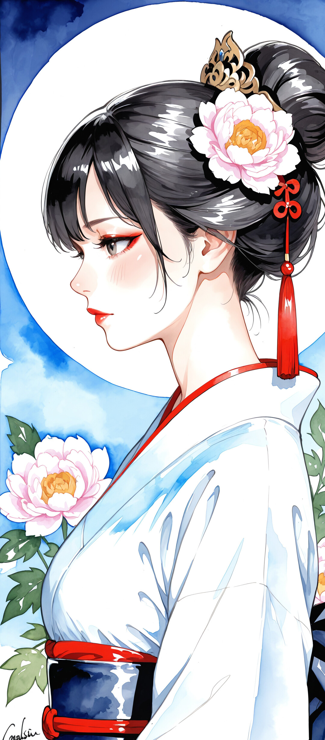 Un retrato de perfil, realizado en estilo anime con acuarelas, que representa a una mujer de Asia oriental con el cabello negro recogido en un moño, adornado con una flor de peonía blanca y un pequeño adorno con borlas rojas. Lleva un kimono tradicional azul y blanco y aparece sobre un fondo que muestra una luna llena y más flores de peonía.