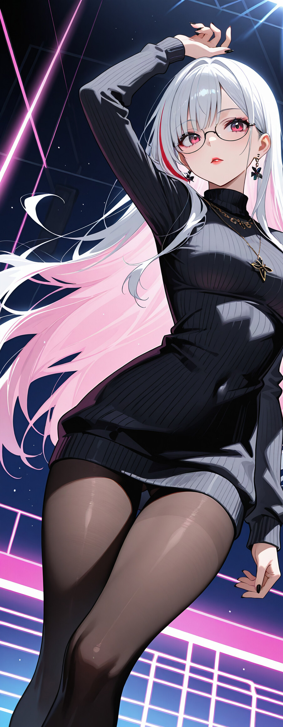Una chica de anime con el pelo largo en tonos degradados de blanco, azul y púrpura, ojos púrpuras y gafas, que lleva un cárdigan negro abierto, un collar ajustado y medias, sobre un fondo de líneas púrpuras brillantes.