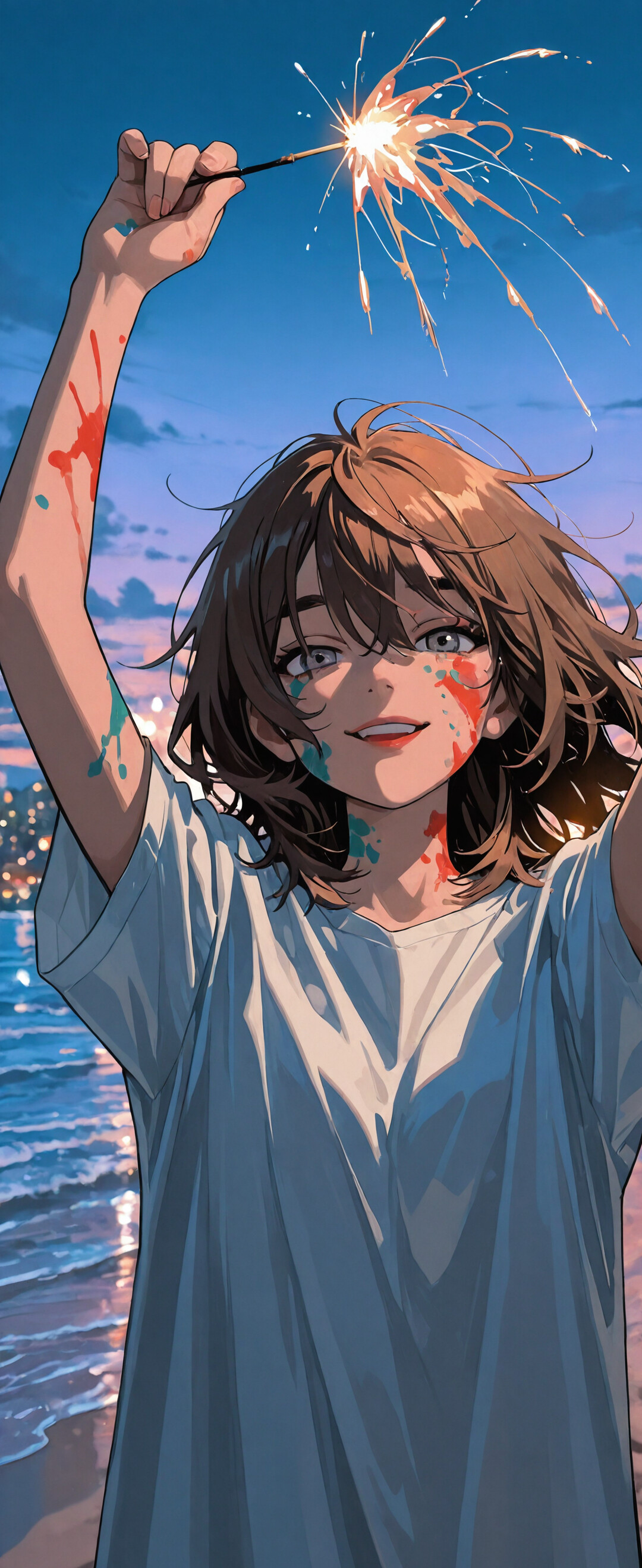 Una joven morena, con el rostro adornado con pintura de colores, sostiene una bengala encendida sobre su cabeza en una playa al atardecer, con el mar y el perfil de una ciudad en el fondo.