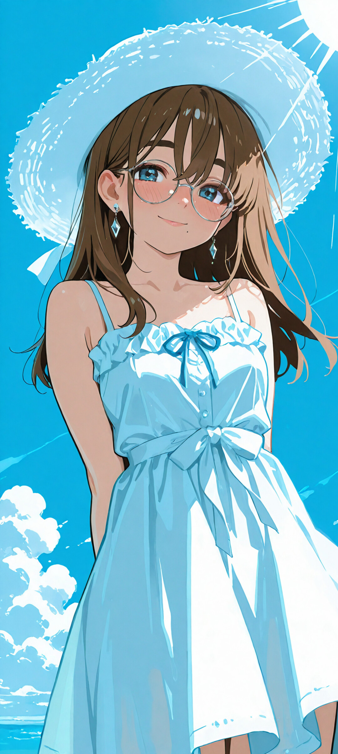 Una chica de estilo anime, con el pelo largo y castaño, ojos azules y gafas redondas, que lleva un sombrero blanco para protegerse del sol y un vestido de verano azul claro, y que sonríe frente a un cielo azul brillante con nubes.