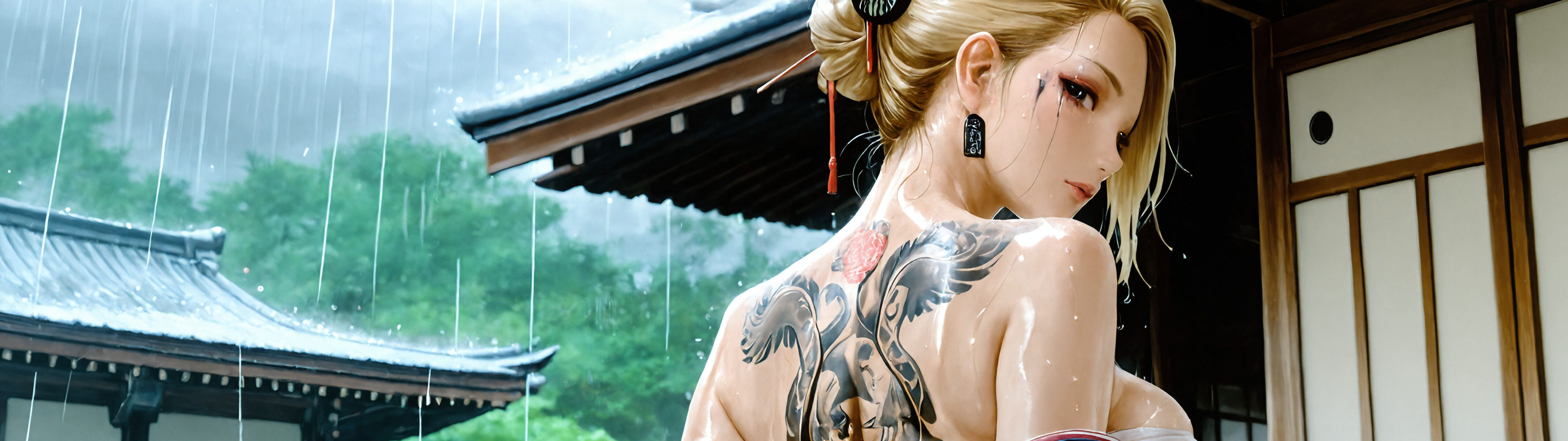Una ilustración digital realista de una mujer rubia, de espaldas al espectador, que mira por encima del hombro bajo la lluvia. Tiene un tatuaje de una flor y una máscara en la espalda y lleva puesto un kimono abierto sobre una prenda tipo sarashi.