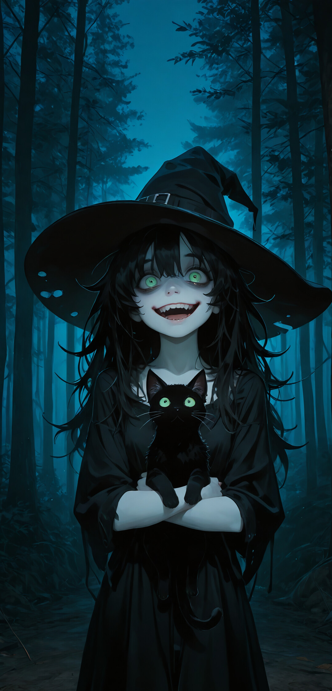 Una bruja de piel pálida, con el pelo negro despeinado, un sombrero puntiagudo y unos ojos verdes brillantes, sostiene un gato negro en un bosque oscuro y le sonríe maniáticamente al espectador.