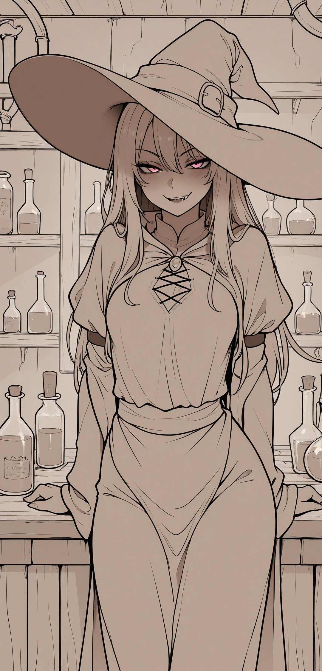 Una ilustración en tonos sepia que representa a una bruja de estilo anime, con el pelo largo y rubio y un sombrero grande, sonriendo con picardía mientras sostiene una poción de amor con forma de corazón en su laboratorio.