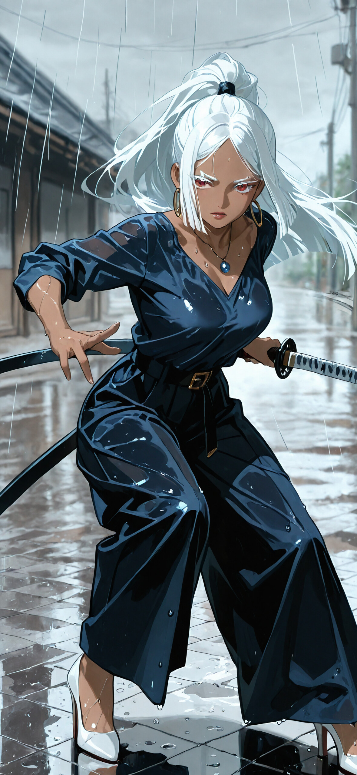Una ilustración digital de cuerpo entero que representa a una mujer de piel oscura con una larga coleta blanca, en una pose dinámica mientras desenvaina una espada. Lleva un atuendo azul oscuro y tacones blancos, y sostiene una katana bajo la lluvia en una calle tradicional japonesa.