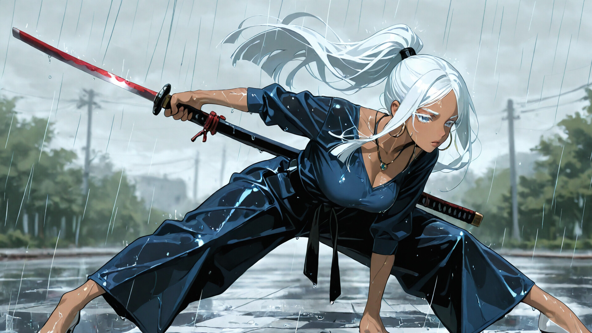 Una ilustración digital de cuerpo entero que representa a una mujer de piel oscura con una larga coleta blanca, en una pose dinámica mientras desenvaina una espada. Lleva un atuendo azul oscuro y tacones blancos, y sostiene una katana bajo la lluvia en una calle tradicional japonesa.