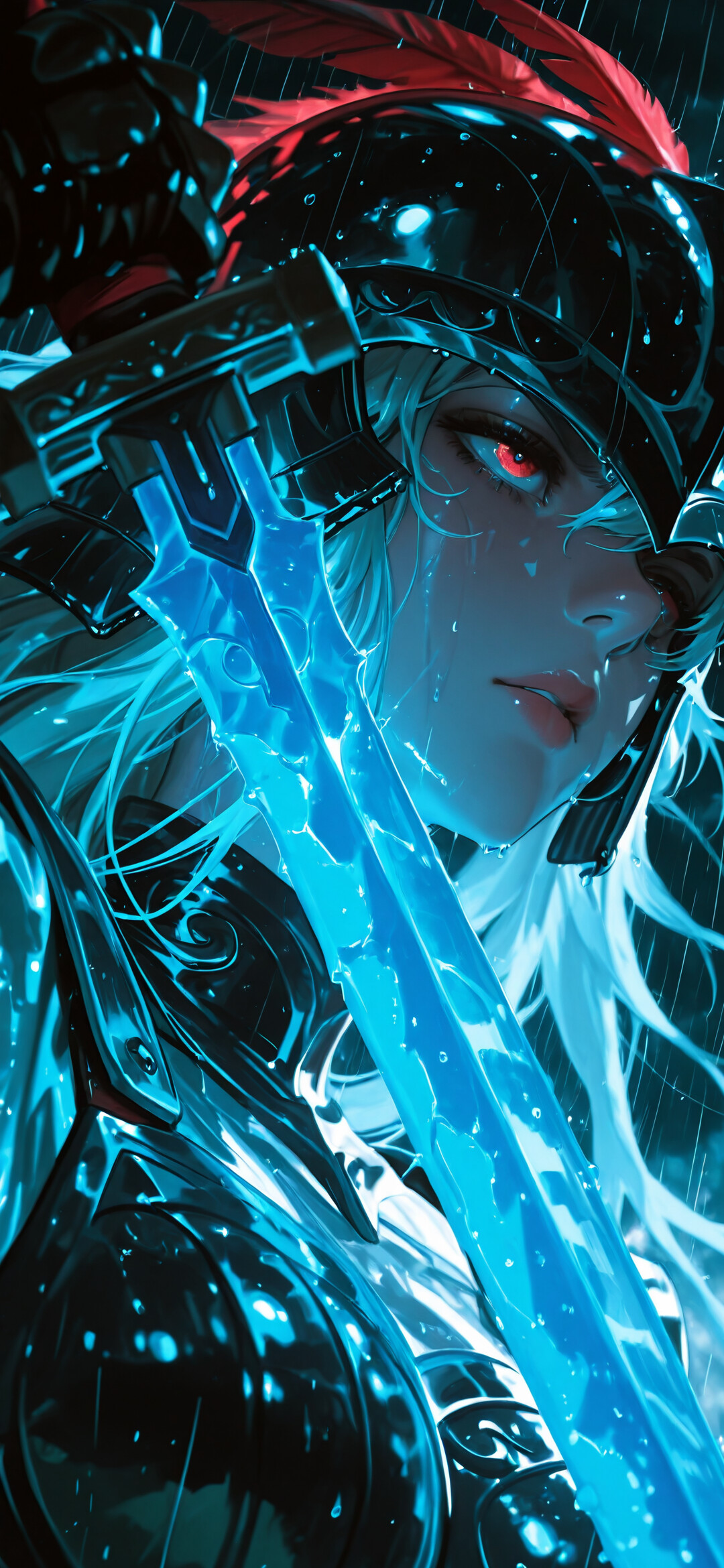 Un retrato al estilo anime de una guerrera con el pelo largo y blanco y unos ojos rojos que brillan. Lleva una armadura oscura y un casco con una pluma roja, y sostiene una gran espada azul brillante bajo la lluvia.