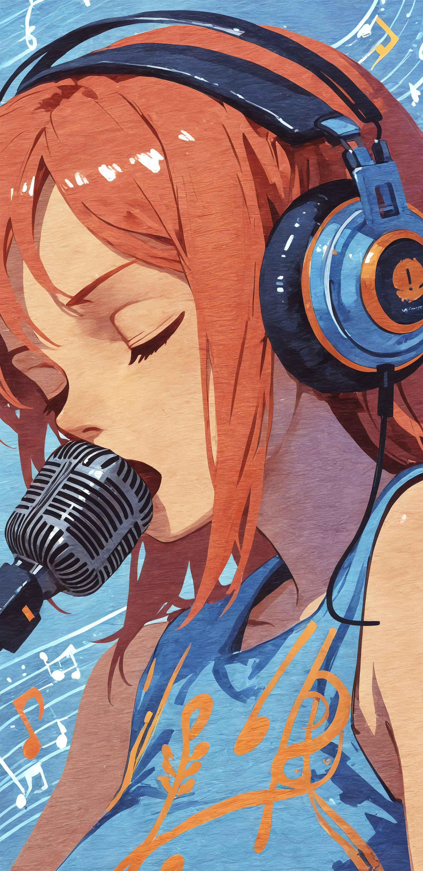 Un retrato estilizado, de estilo pictórico, de una joven morena que lleva unos grandes auriculares y canta con los ojos cerrados frente a un micrófono, con un fondo azul adornado con notas musicales.