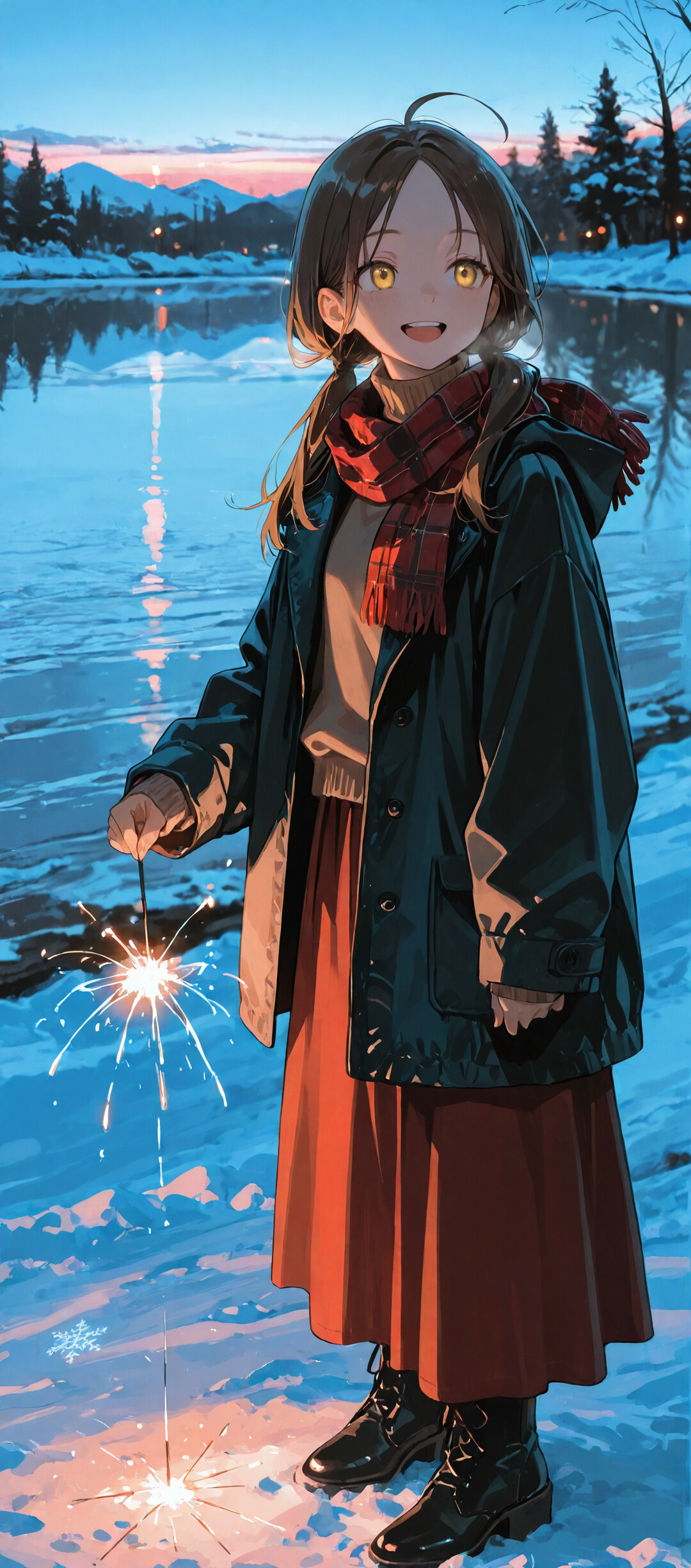 Una ilustración de estilo anime que representa a una niña sonriente, de cabello castaño y ojos amarillos, vestida con un abrigo y una bufanda de invierno, y sosteniendo dos bengalas encendidas en un paisaje nevado junto a un lago al atardecer.