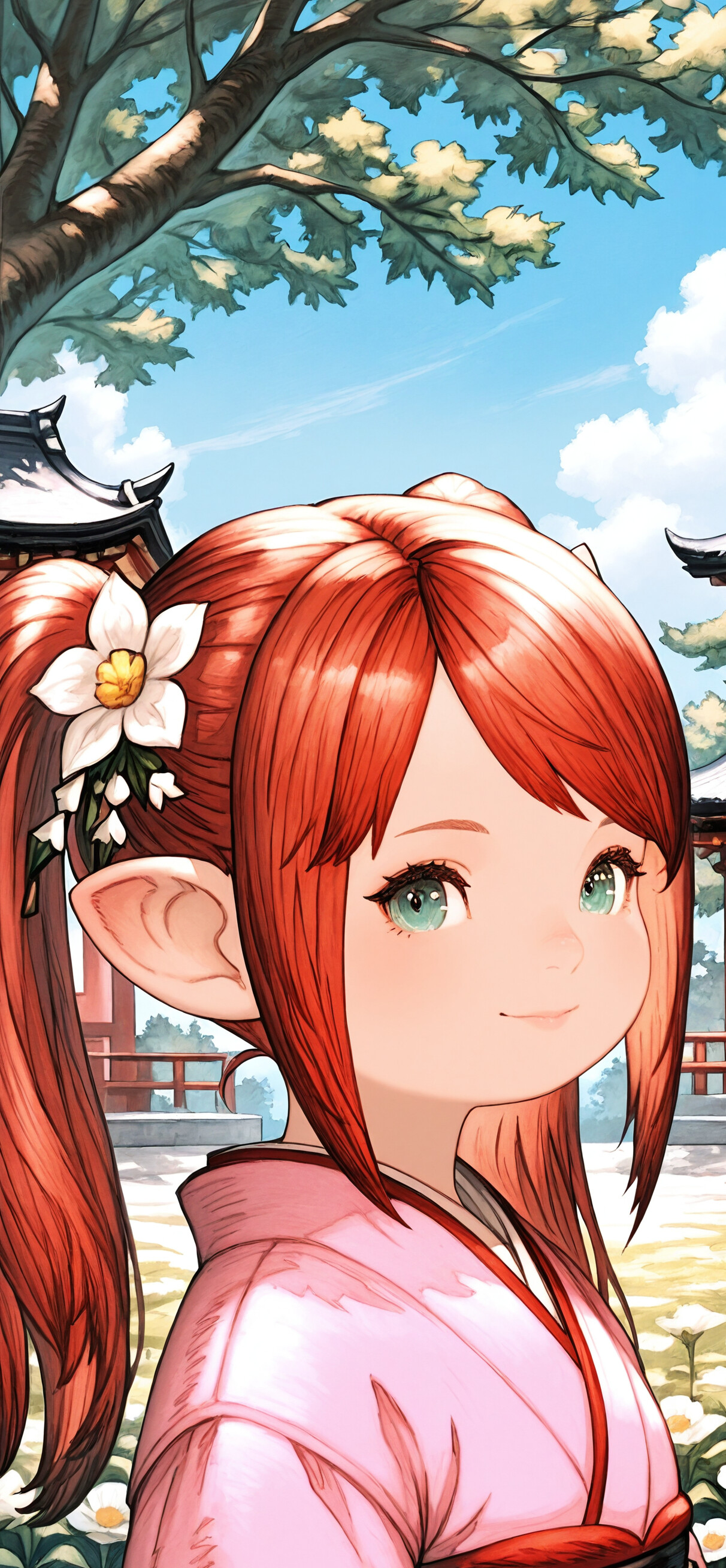 Un retrato en primer plano de una adorable chica de estilo anime, con el pelo rojo recogido en dos coletas, orejas puntiagudas y un kimono rosa. Lleva flores blancas en el pelo y sonríe frente a un edificio tradicional japonés.