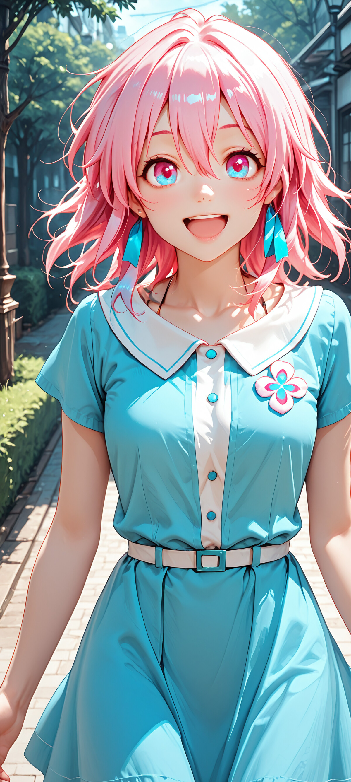 Un retrato en primer plano de una alegre chica de anime, con el pelo corto de color rosa y grandes ojos azules, que sonríe amablemente. Lleva una blusa de color azul claro y está de pie en el umbral de una puerta iluminada por el sol.