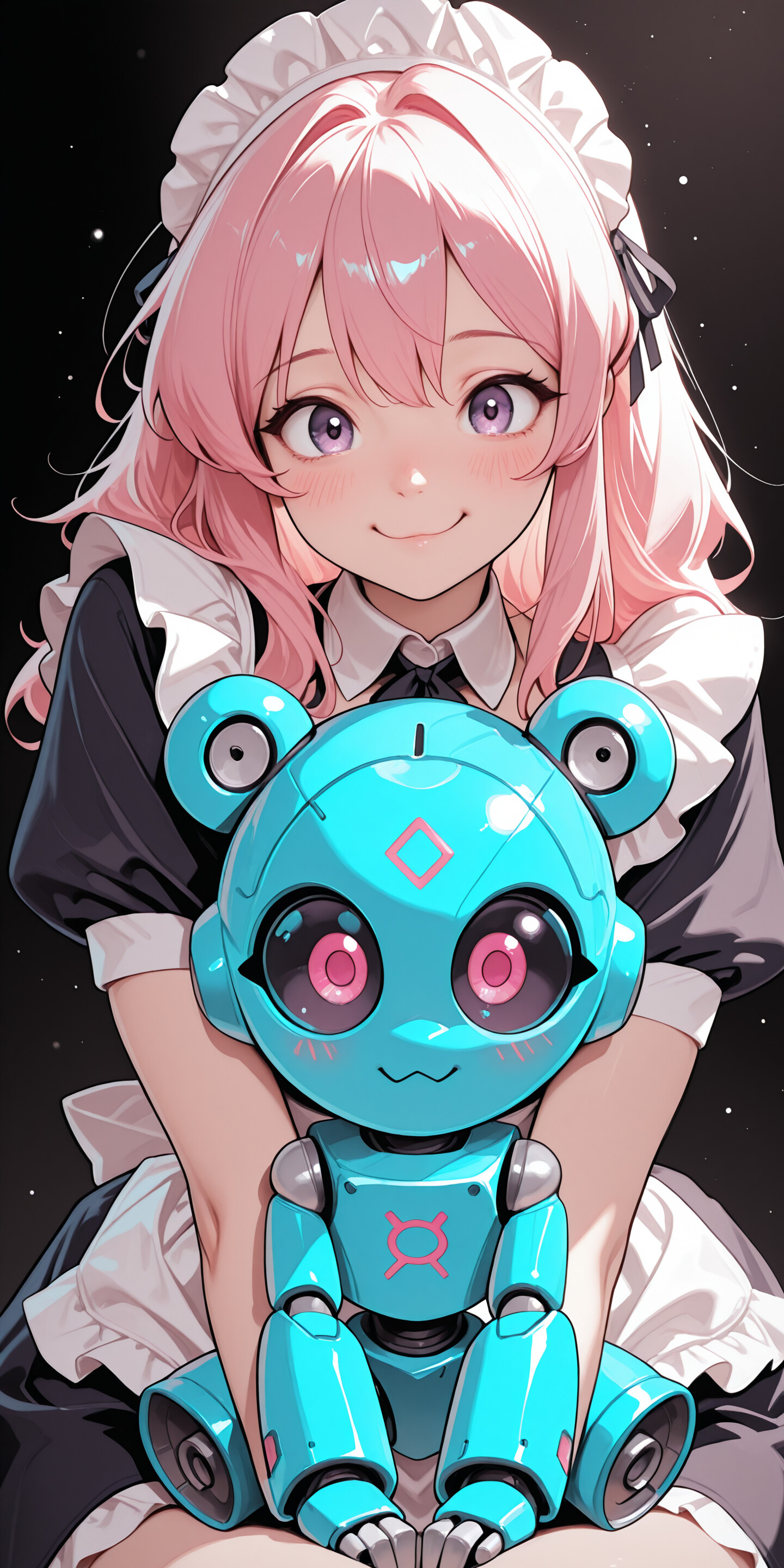 Un primer plano de una sonriente criada de anime, con el pelo largo y rosa y los ojos de color púrpura, abrazando con cariño a un pequeño y adorable robot azul sobre un fondo oscuro y brillante.