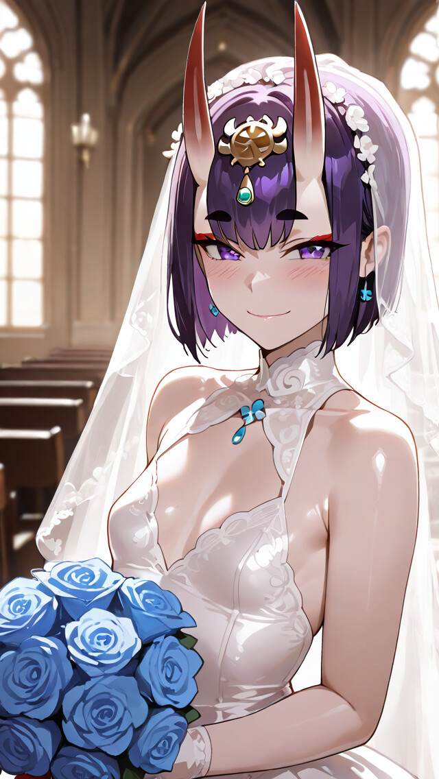 Shuten Douji, del juego Fate/Grand Order, aparece como una novia, sonriendo y vestida con un elegante vestido de novia blanco y velo dentro de una iglesia, mientras sostiene un ramo de rosas azules.
