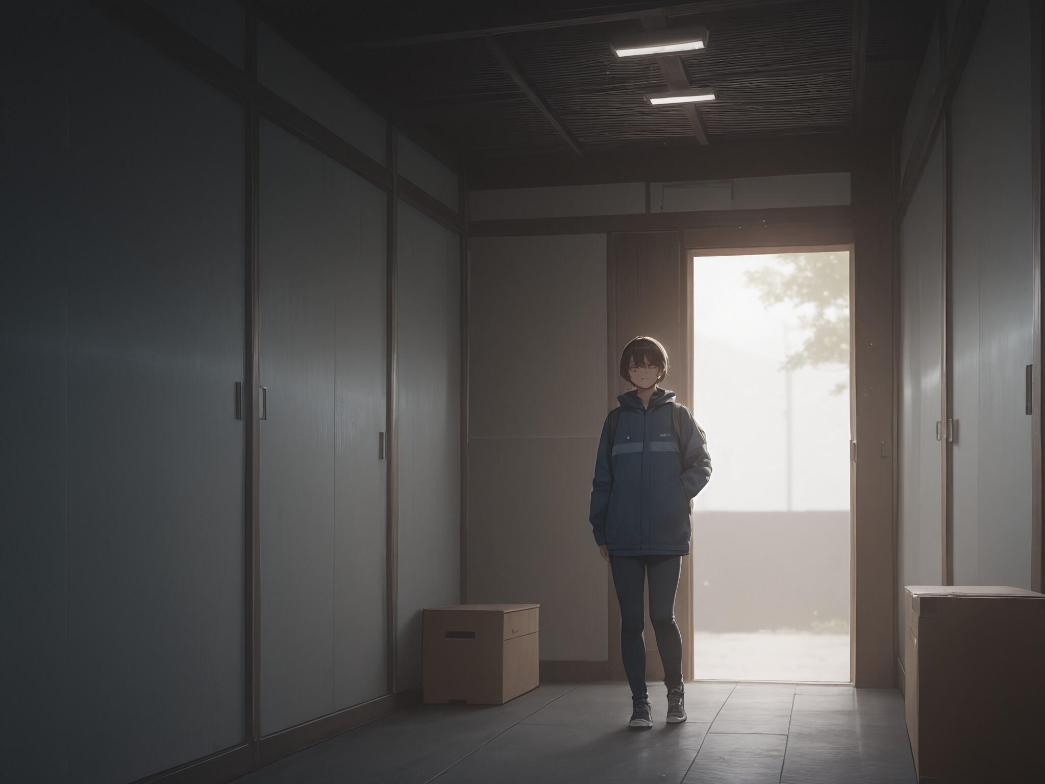 Una joven con el aspecto de un personaje de anime, de cabello rubio largo y vestida con un largo vestido blanco, está de pie frente a una puerta de color verde oscuro. Tiene algo en las manos y está flanqueada por dos grandes plantas en macetas, bajo un cielo soleado.