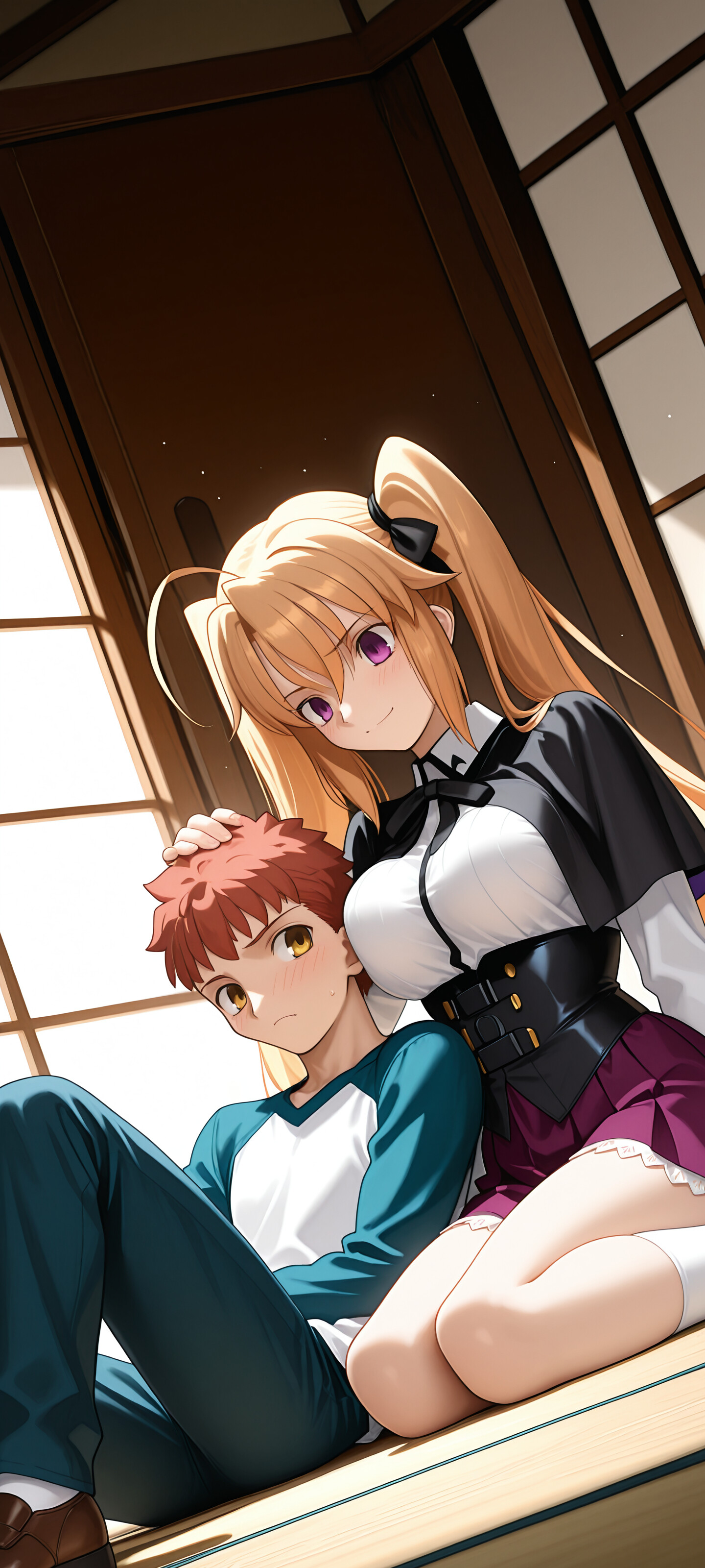 Una ilustración de anime que representa un cruce entre las series Fate/stay night y High School DxD. Irina Shidou, una chica rubia con dos coletas, está arrodillada en una cama e inclinada sobre Shirou Emiya, un chico de pelo rojo, mientras le acaricia la cabeza. Él está tumbado y la mira con una expresión sonrojada.