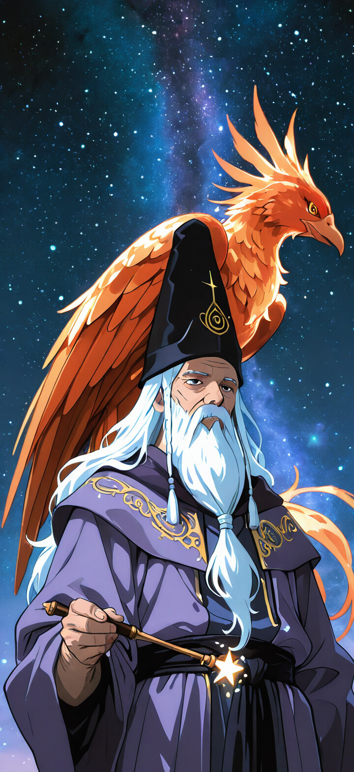 Un retrato al estilo anime de Albus Dumbledore, un mago con una larga barba blanca y una túnica morada, que sostiene una varita con una estrella en la punta, y detrás de él se puede ver un gran fénix naranja sobre un cielo nocturno estrellado.