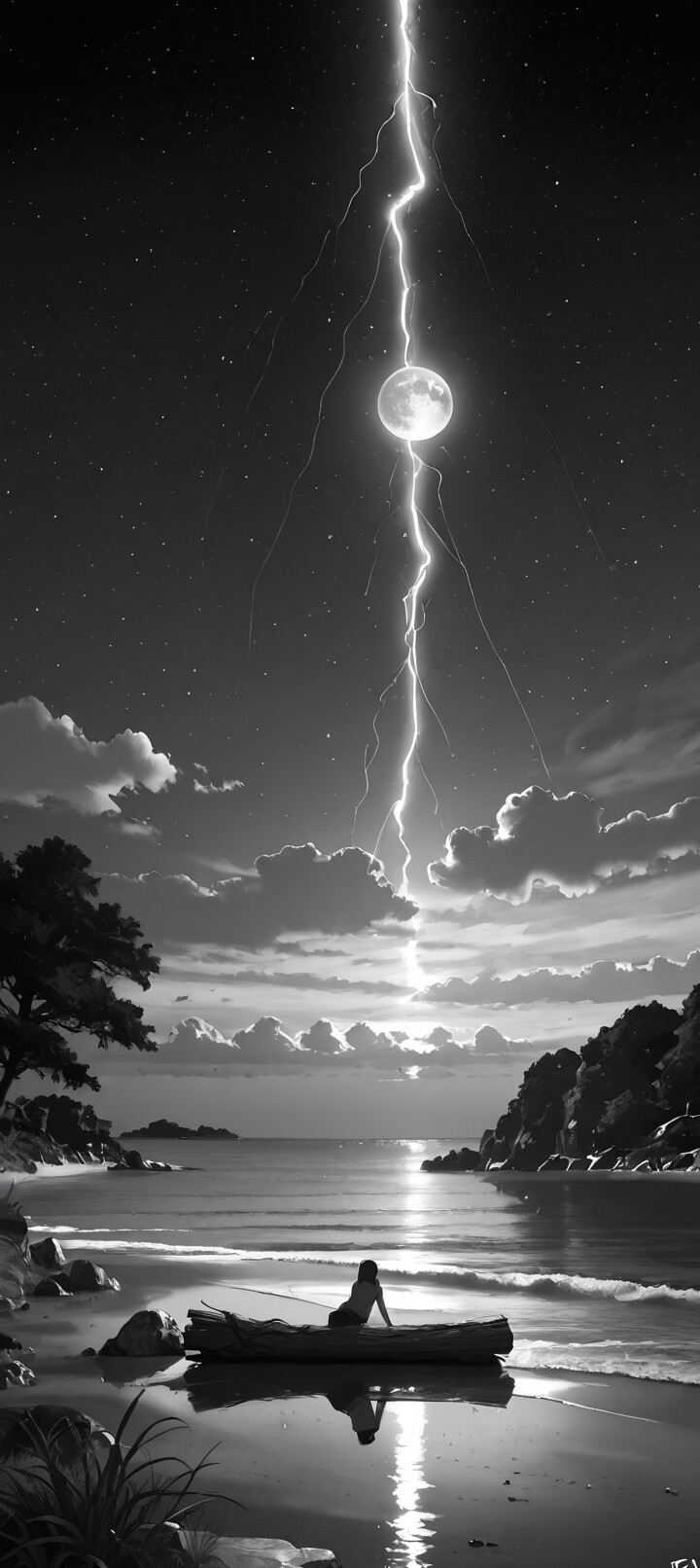 Una imagen en blanco y negro de una playa de noche. Una luna llena grande y un rayo se pueden ver en el cielo estrellado. Un tronco descansa sobre la arena mientras las olas rompen suavemente en la orilla, con un acantilado rocoso y boscoso al fondo.