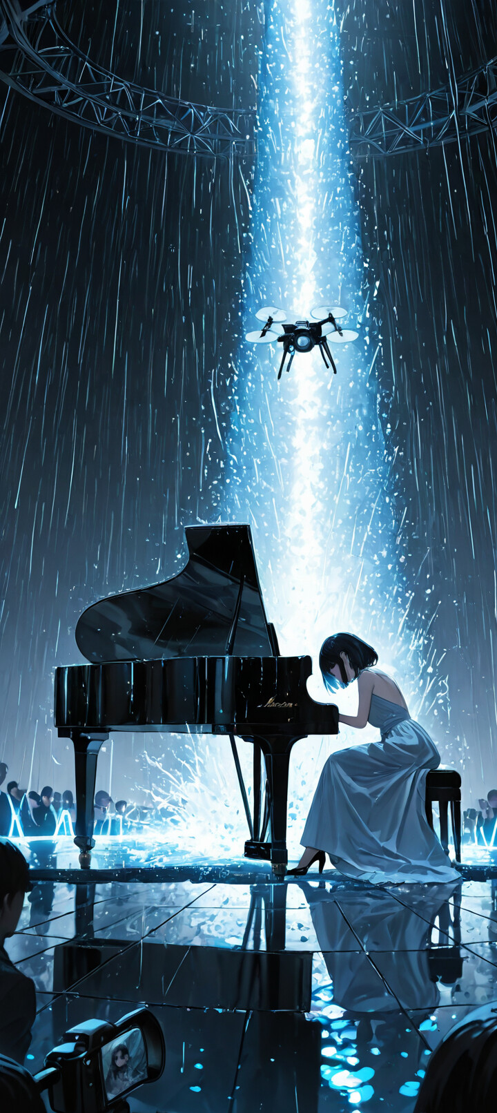 Una ilustración de estilo anime que representa a una joven con un elegante vestido, tocando un piano de cola sobre un escenario húmedo y brillante. Está lloviendo a cántaros y un único y potente foco azul ilumina a la joven desde arriba.