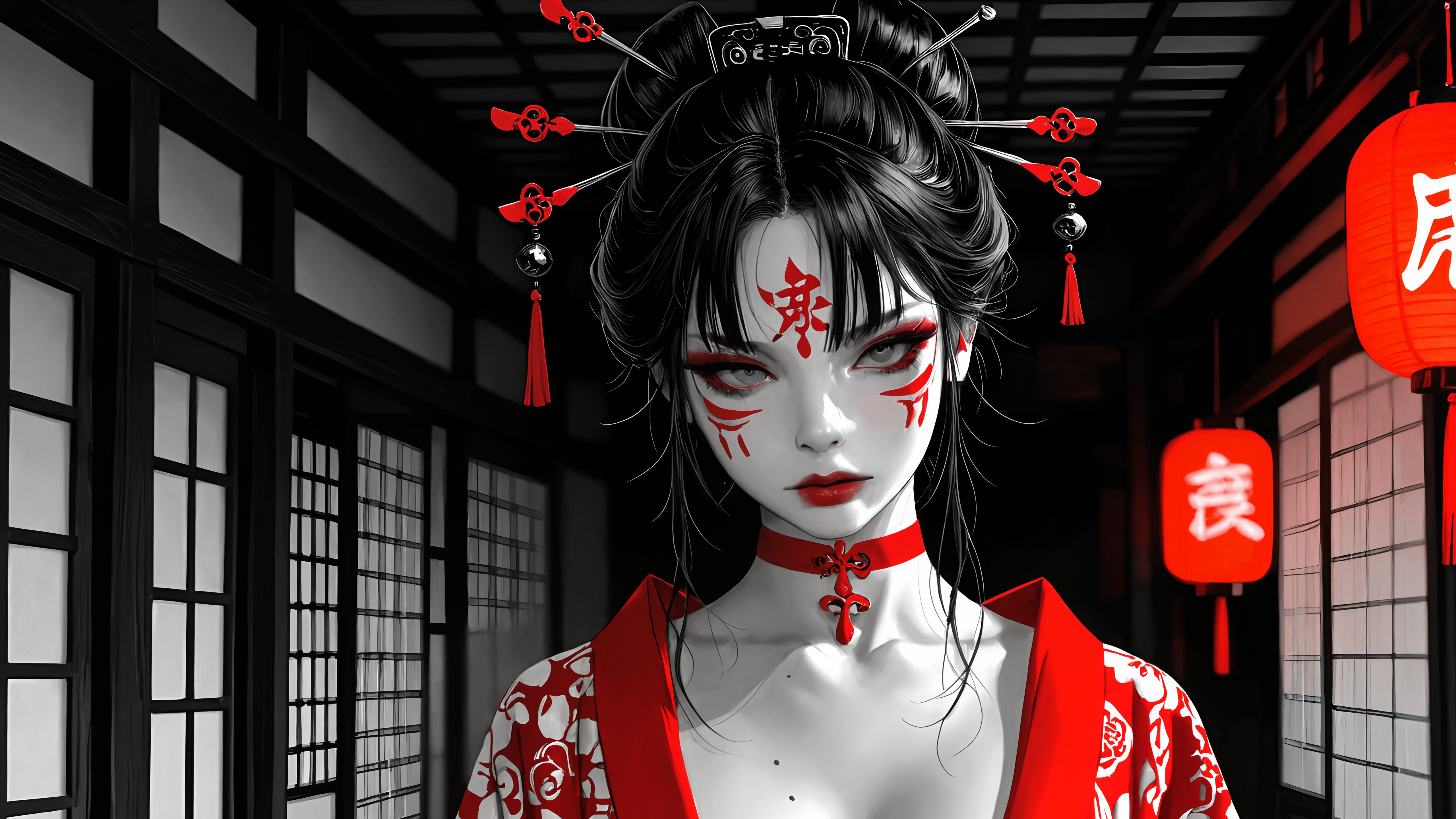 Una ilustración digital de una mujer con el pelo negro recogido en un moño, maquillaje rojo en la cara y ojos grises. Lleva un top negro y una túnica roja en una habitación de estilo japonés con faroles rojos que brillan.