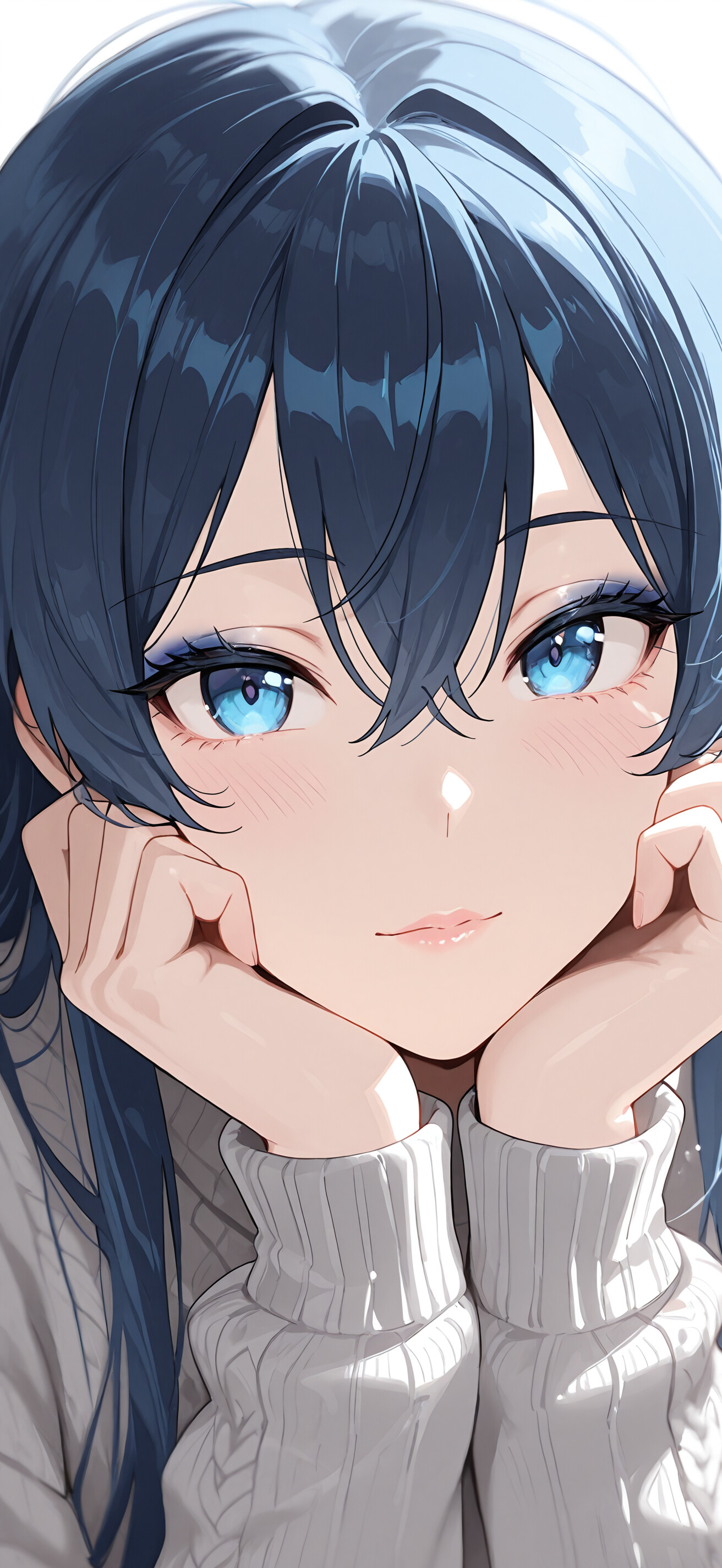 Un retrato digital en primer plano de un personaje con el pelo corto de color azul claro y unos ojos azules increíblemente detallados, que mira al frente con una expresión serena.